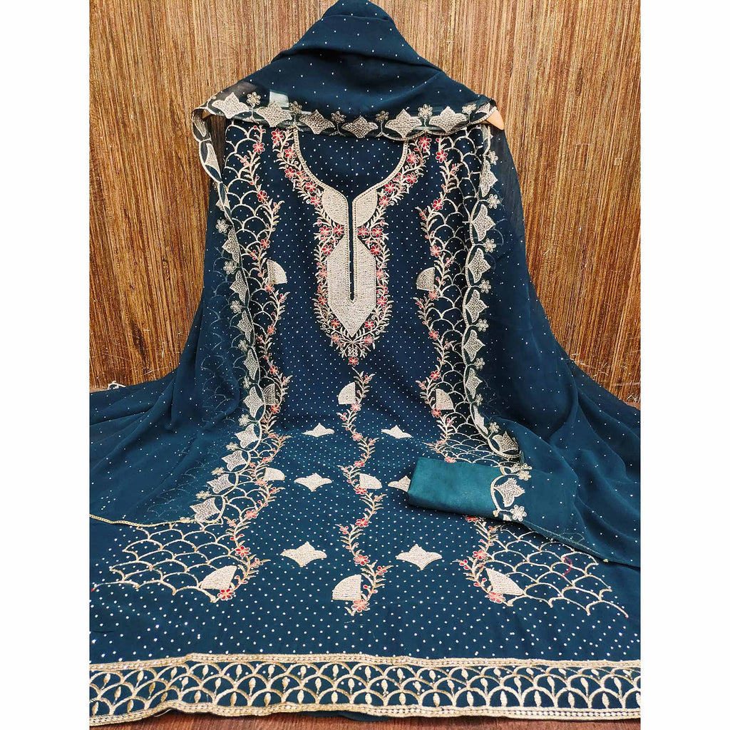 Morpich Blue Georgette Dress Material With Exquisite Floral Embroidery And Stonework