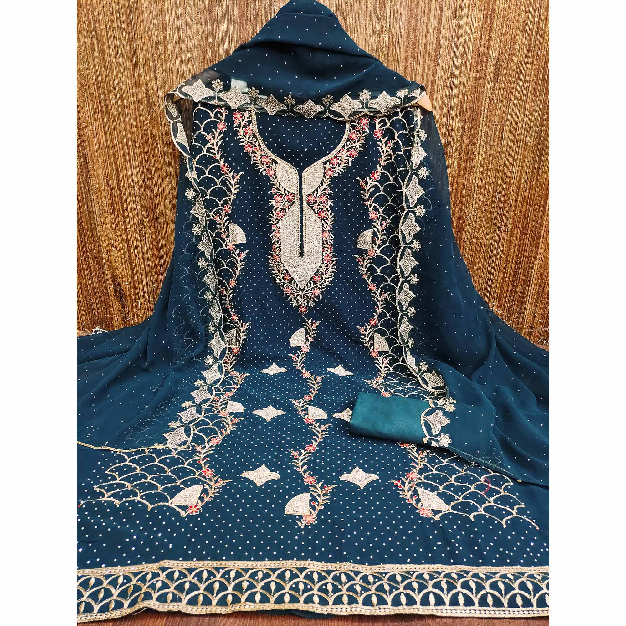 Morpich Blue Georgette Dress Material With Exquisite Floral Embroidery And Stonework