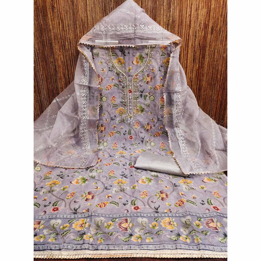 Light Lavender Organza Dress Material With Graceful Floral Print With Handwork Detailing