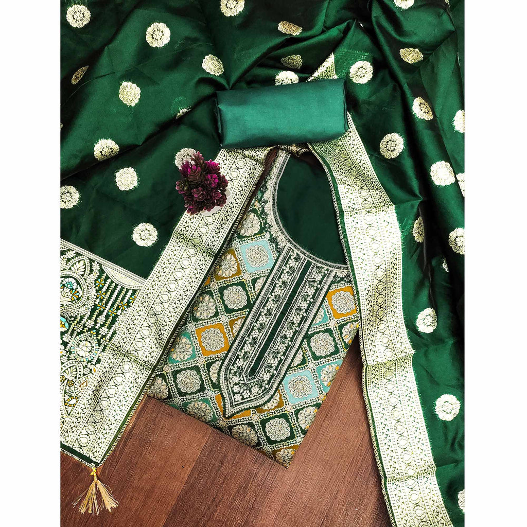 Green Unstitched Dress Material in Zari Woven Jacquard