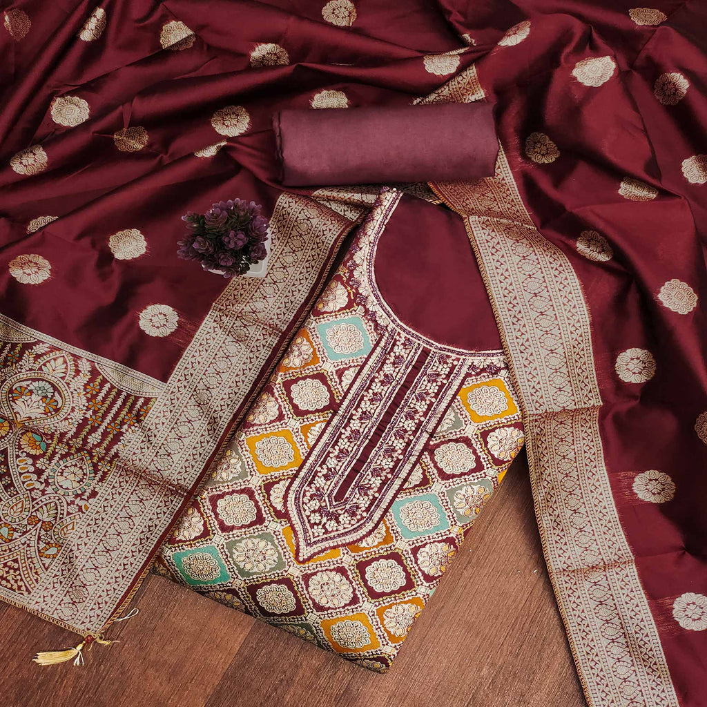 Maroon Unstitched Dress Material in Zari Woven Jacquard