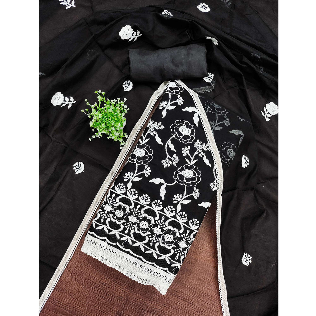 Black Embroidered Chanderi Cotton Suit Fabric with Floral Detailing