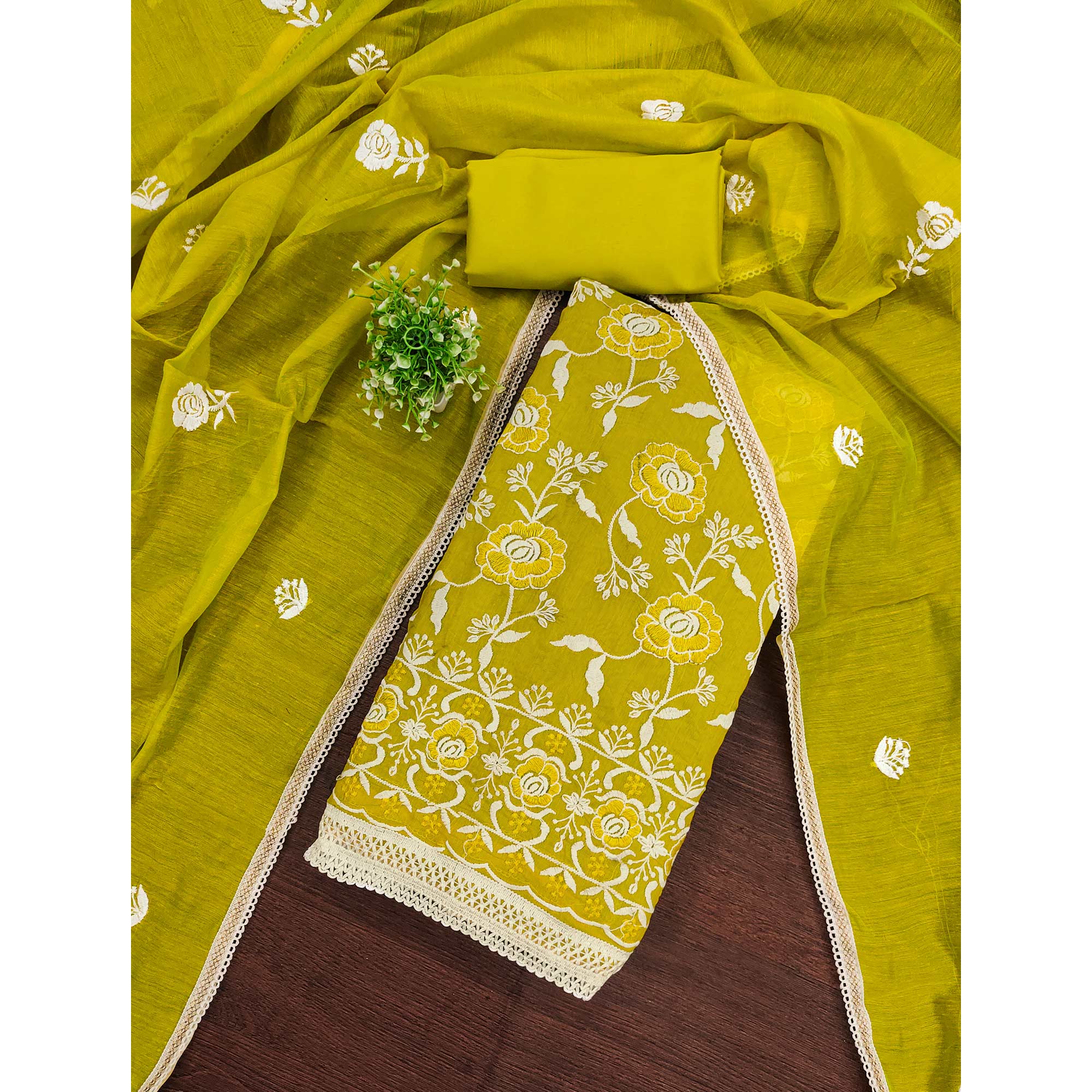 Bright Yellow Embroidered Chanderi Cotton Suit Fabric with Floral Detailing