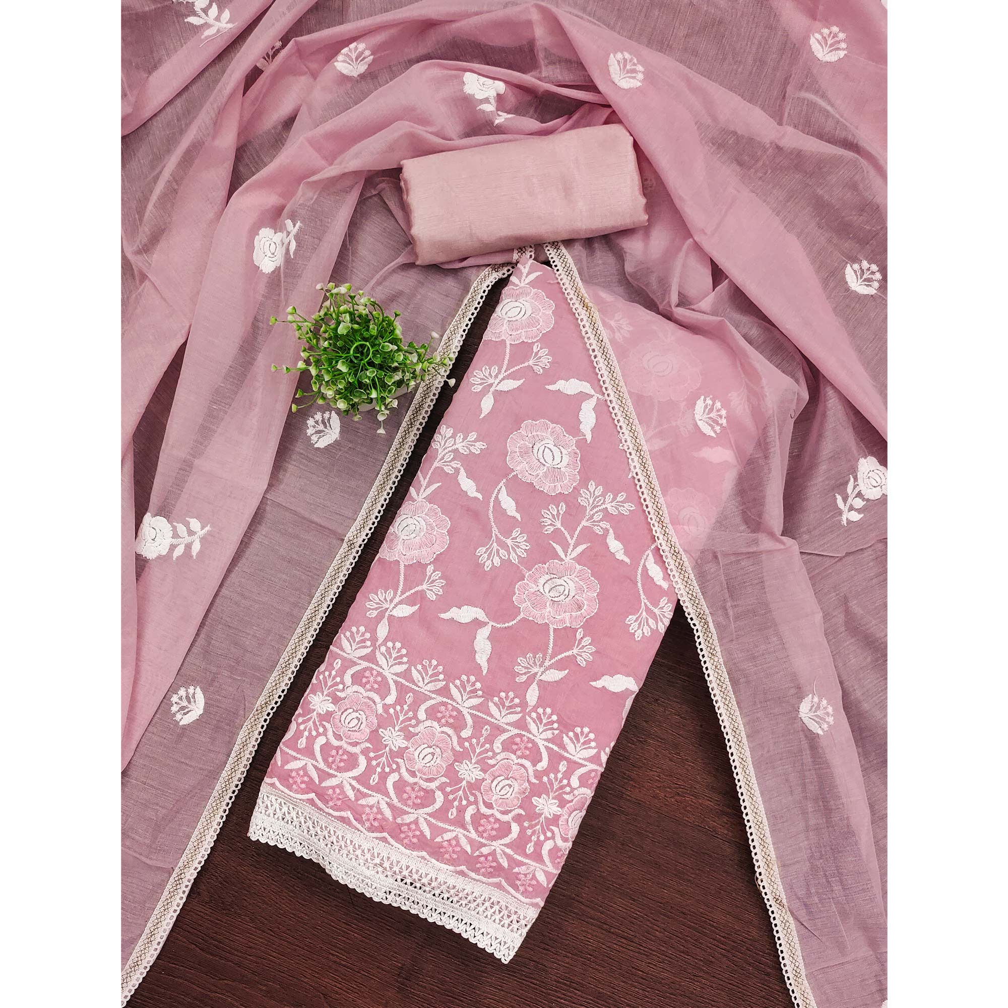 Pink Embroidered Chanderi Cotton Suit Fabric with Floral Detailing