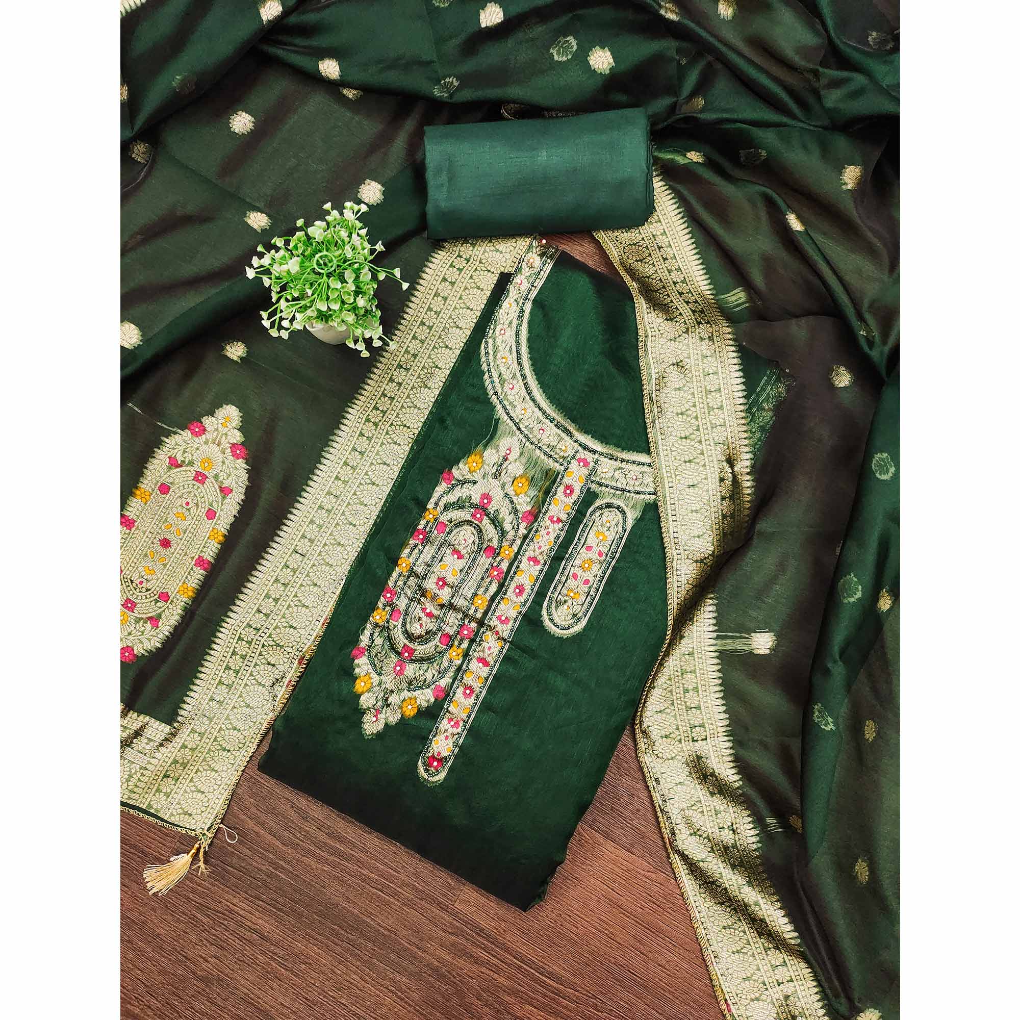 Festive Green Unstitched Dress Material in Zari Weaving Jacquard