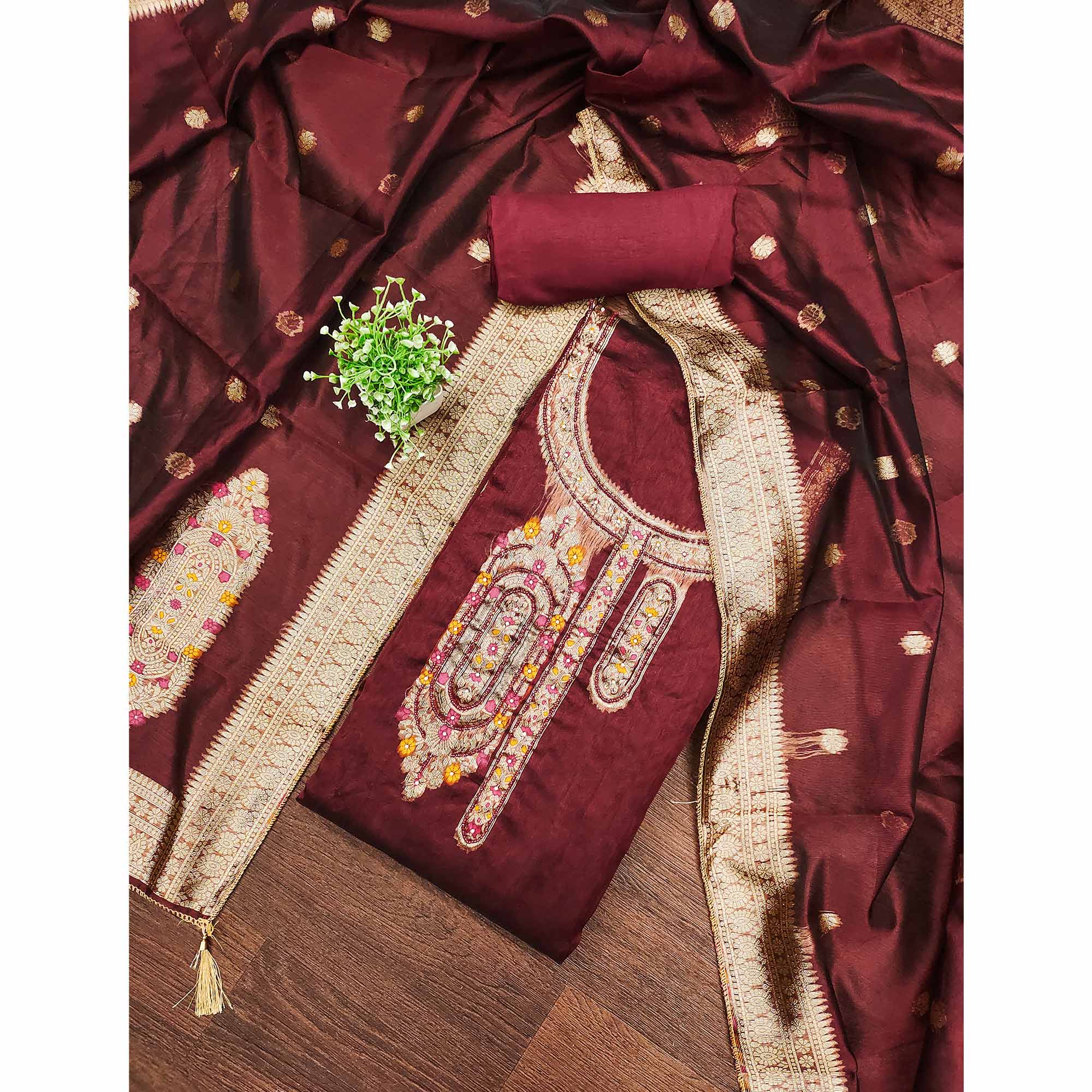 Festive Maroon Unstitched Dress Material in Zari Weaving Jacquard