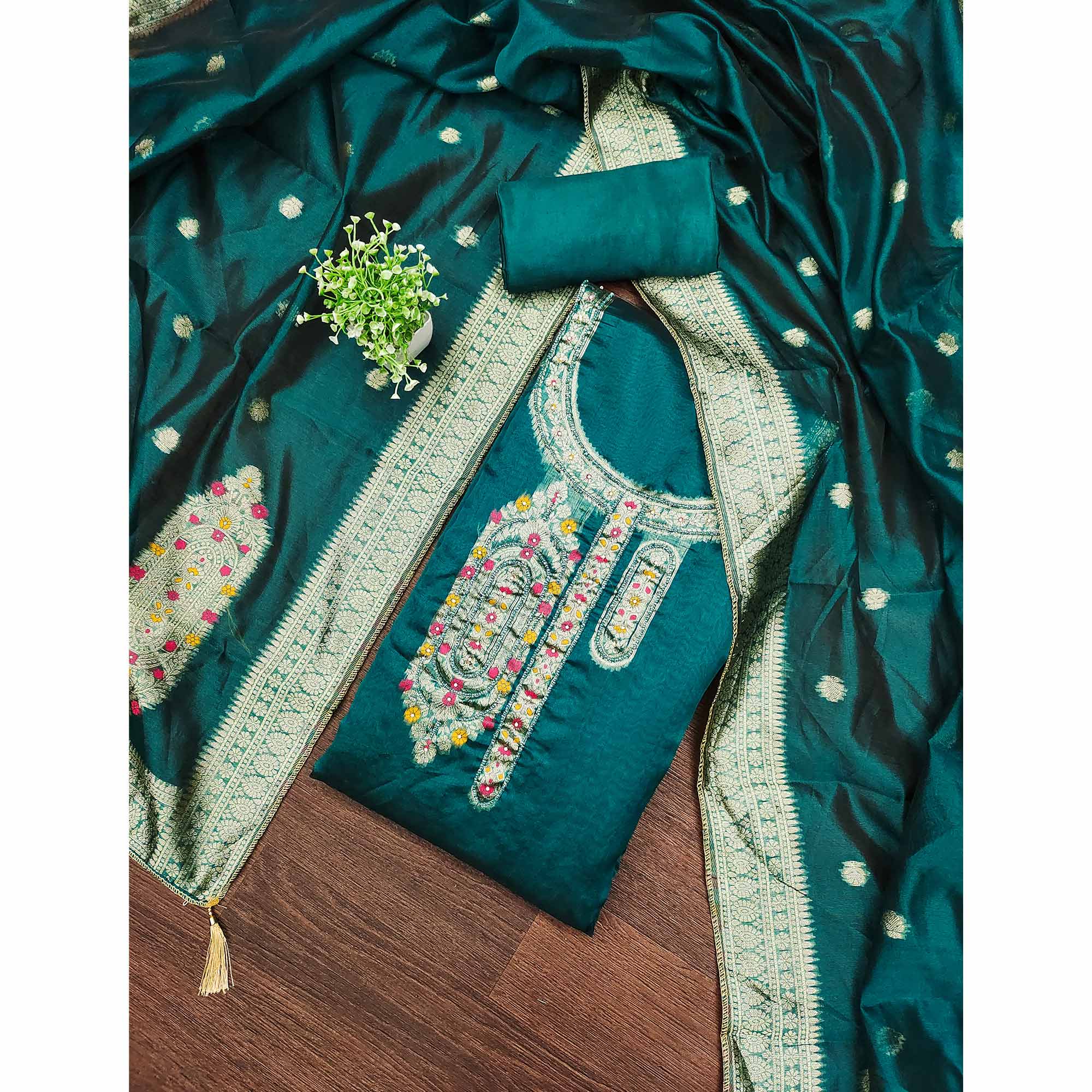Festive Teal Unstitched Dress Material in Zari Weaving Jacquard