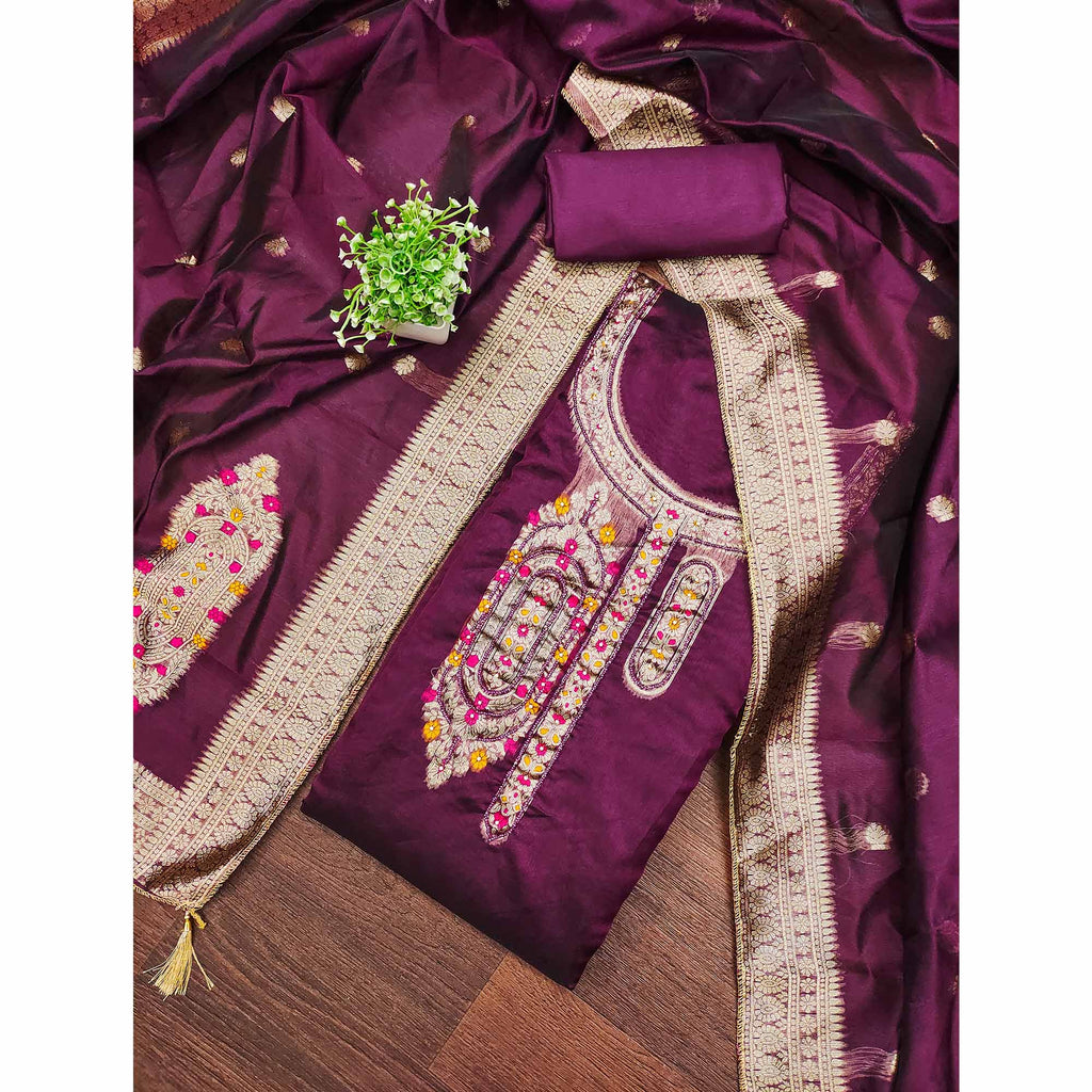 Festive Wine Unstitched Dress Material in Zari Weaving Jacquard