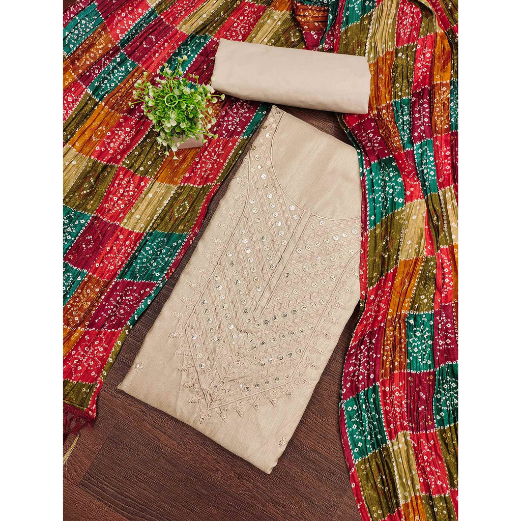 Beige Cotton Blend Suit Material with Soft Floral Embroidery