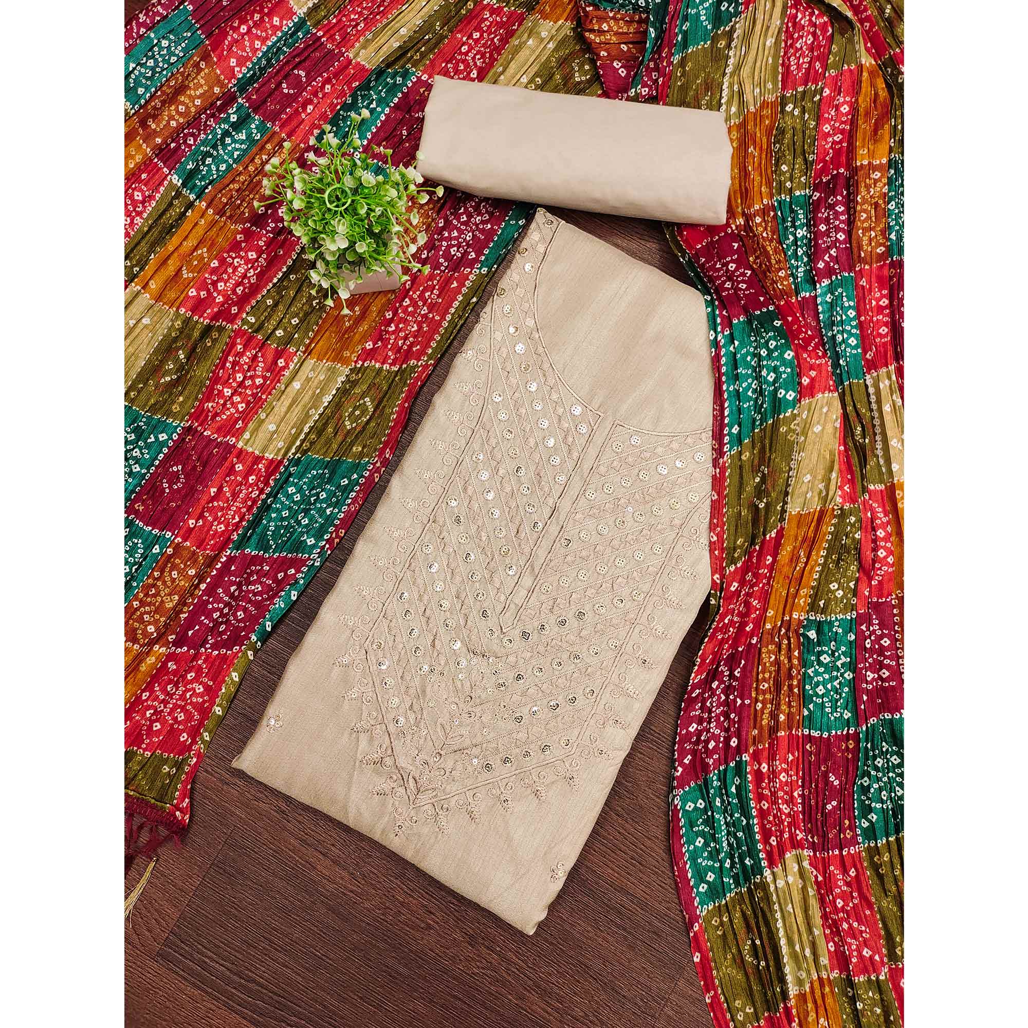 Beige Cotton Blend Suit Material with Soft Floral Embroidery