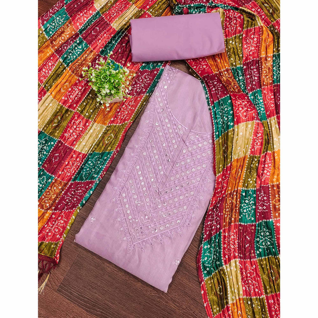 Light Purple Cotton Blend Suit Material with Soft Floral Embroidery