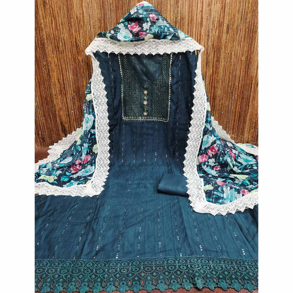 Dark Teal Cotton Blend Suit Material Enhanced with Sequins Embroidery