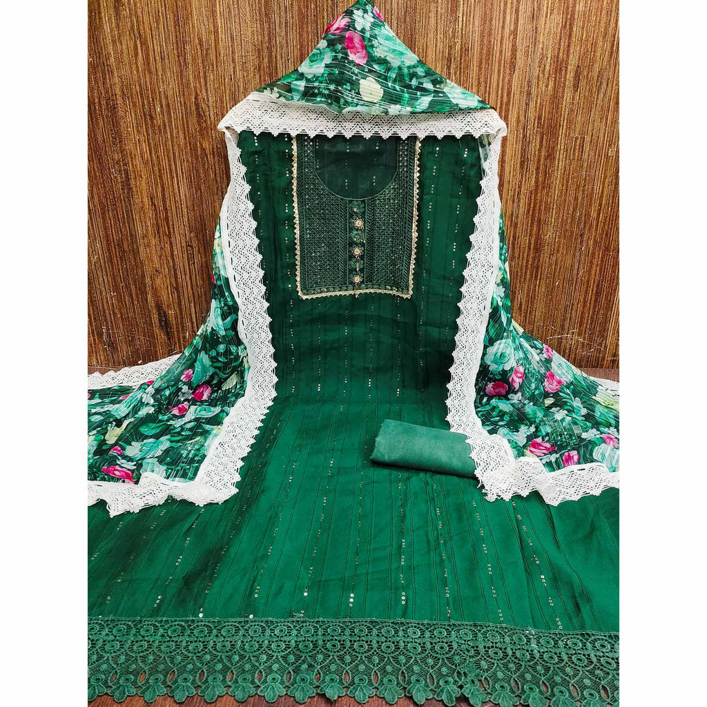 Green Cotton Blend Suit Material Enhanced with Sequins Embroidery