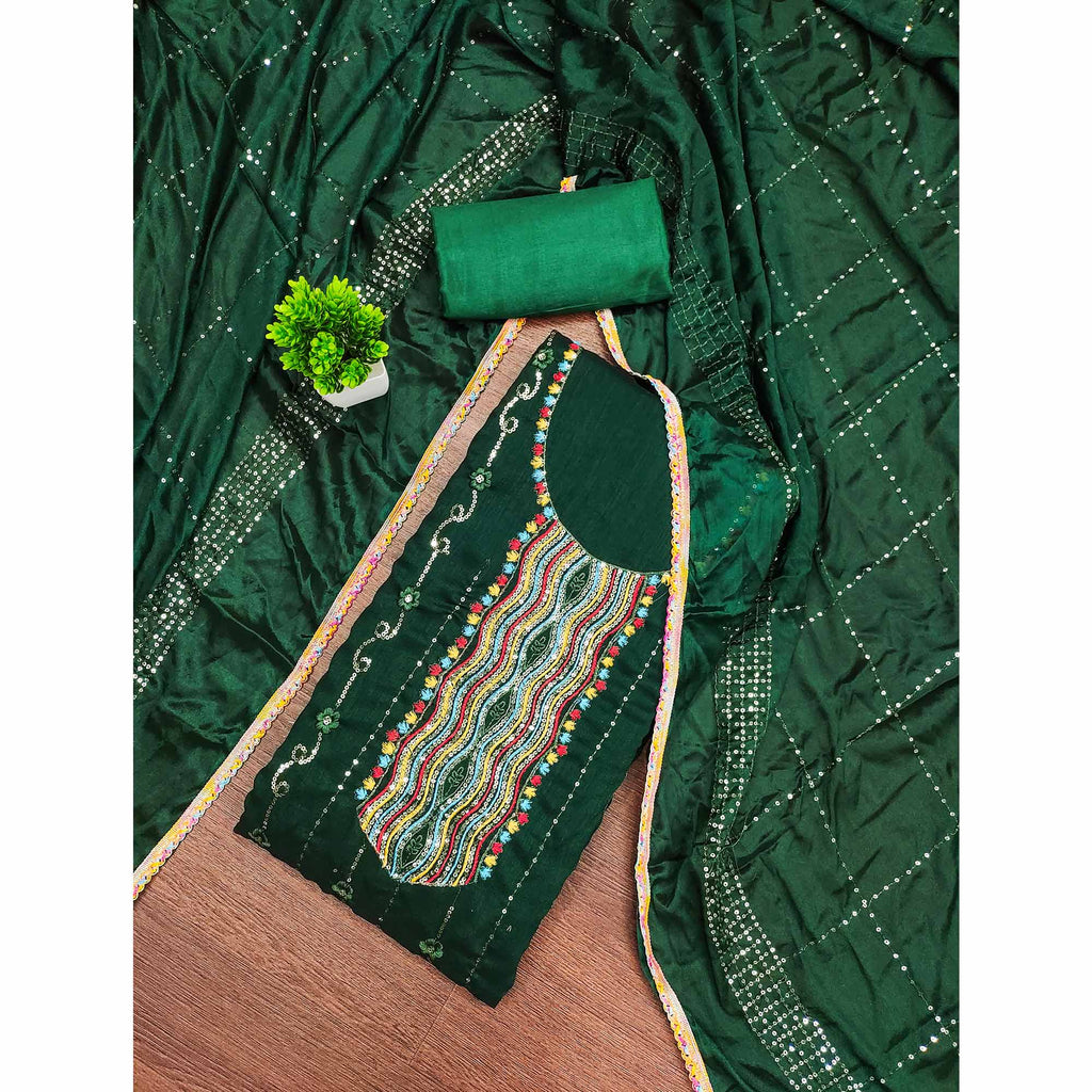 Festive Green Dress Material in Vichitra Silk with Sequin Highlights