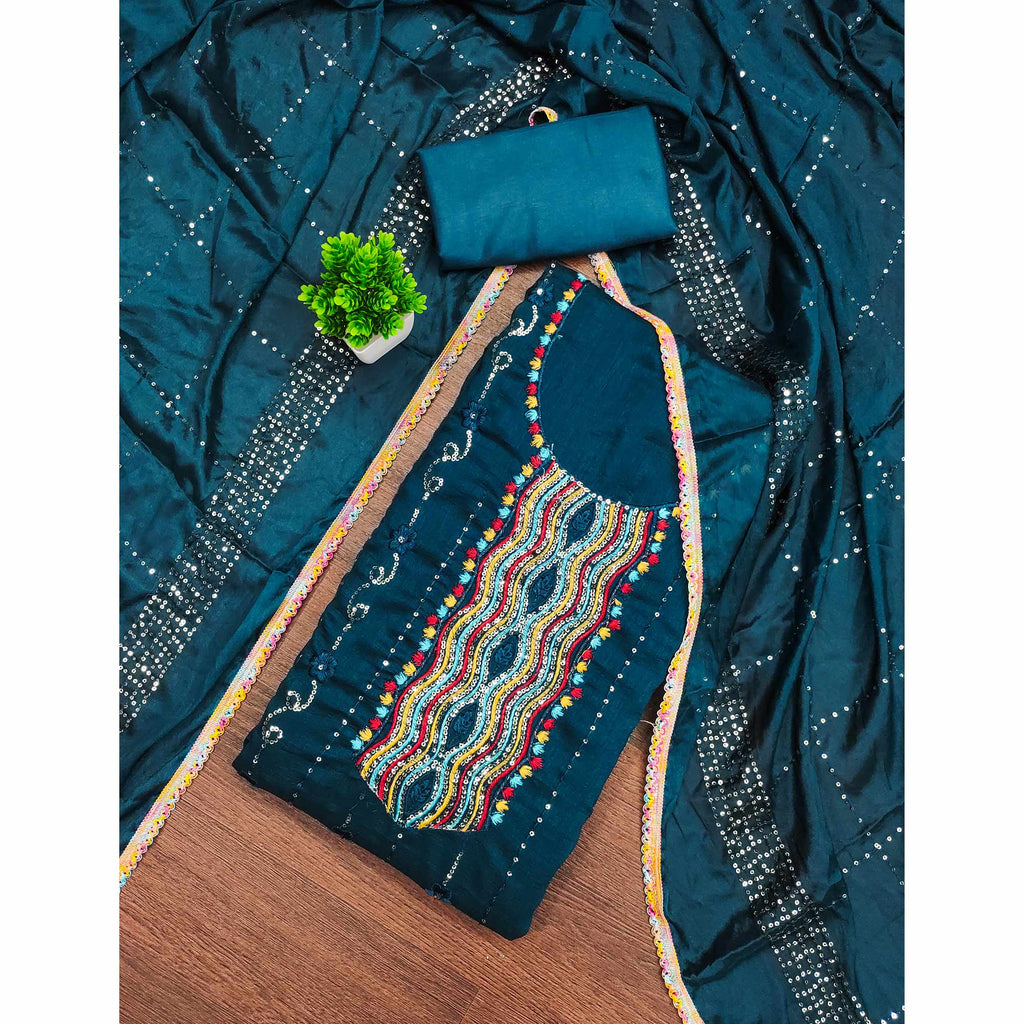 Festive Teal Dress Material in Vichitra Silk with Sequin Highlights