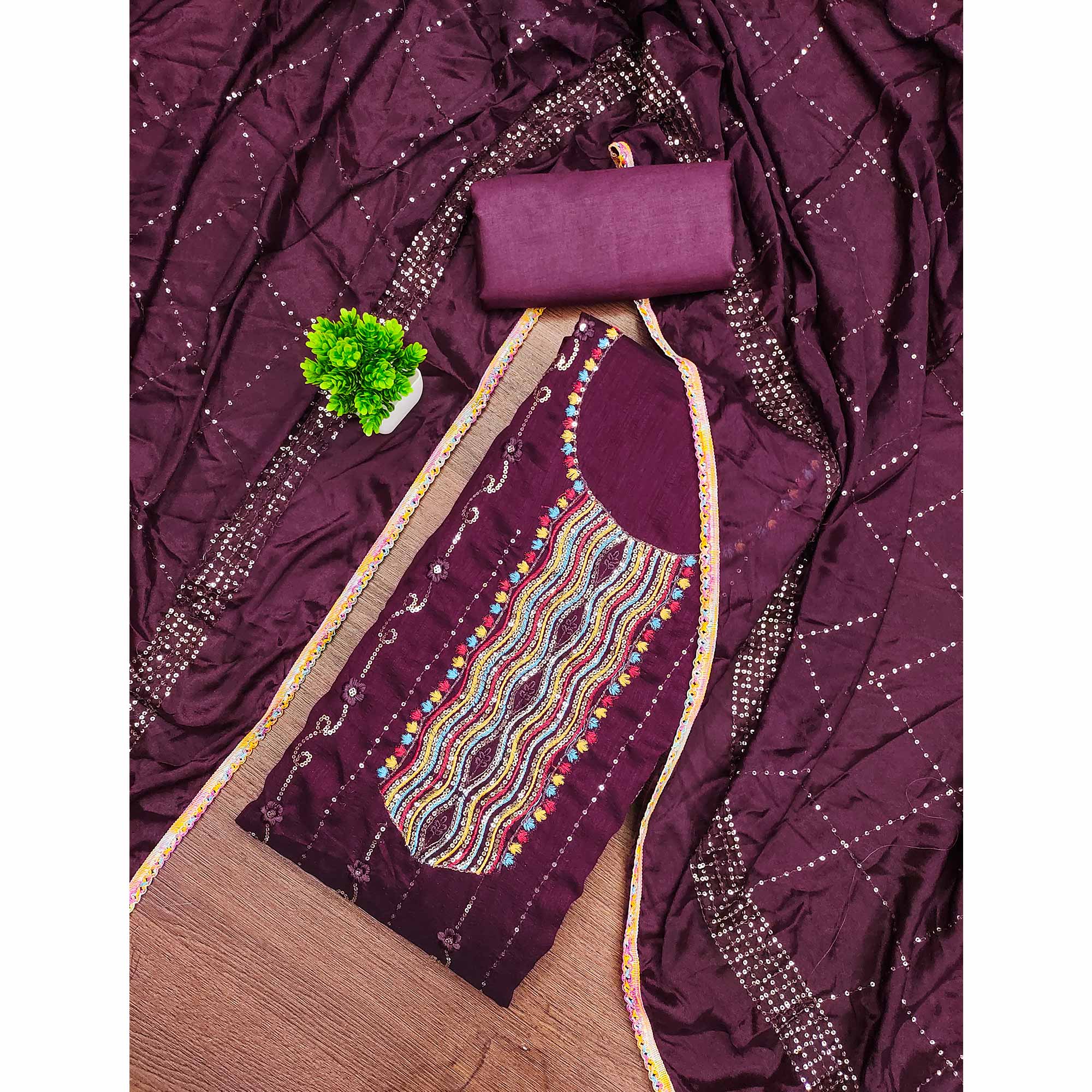 Festive Wine Dress Material in Vichitra Silk with Sequin Highlights