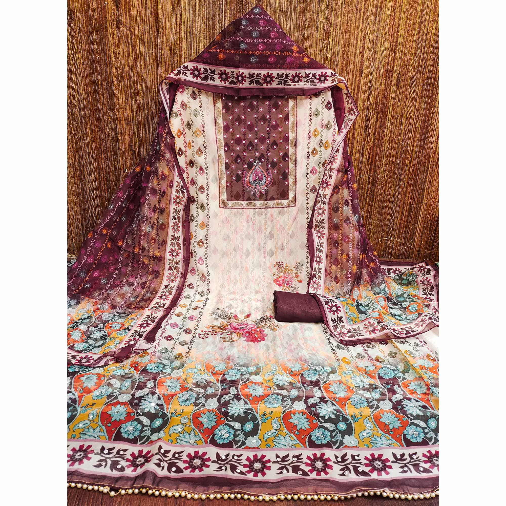 Off-White & Maroon Organza Dress Material with Elegant Floral Prints