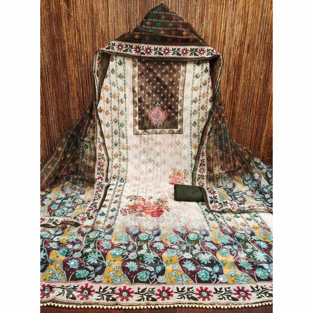 Off-White & Olive Organza Dress Material with Elegant Floral Prints