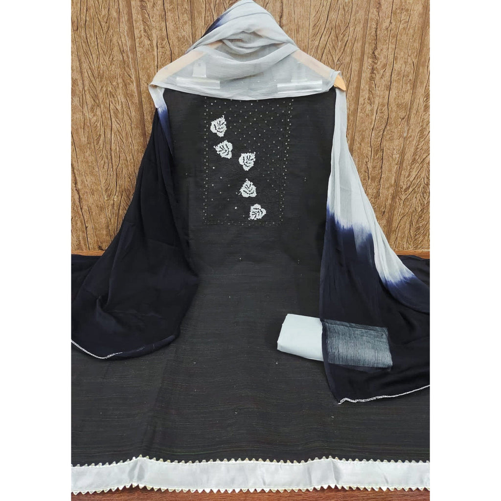 Black Cotton Blend Dress Material Featuring Thread Embroidery & Sequins Embellishment