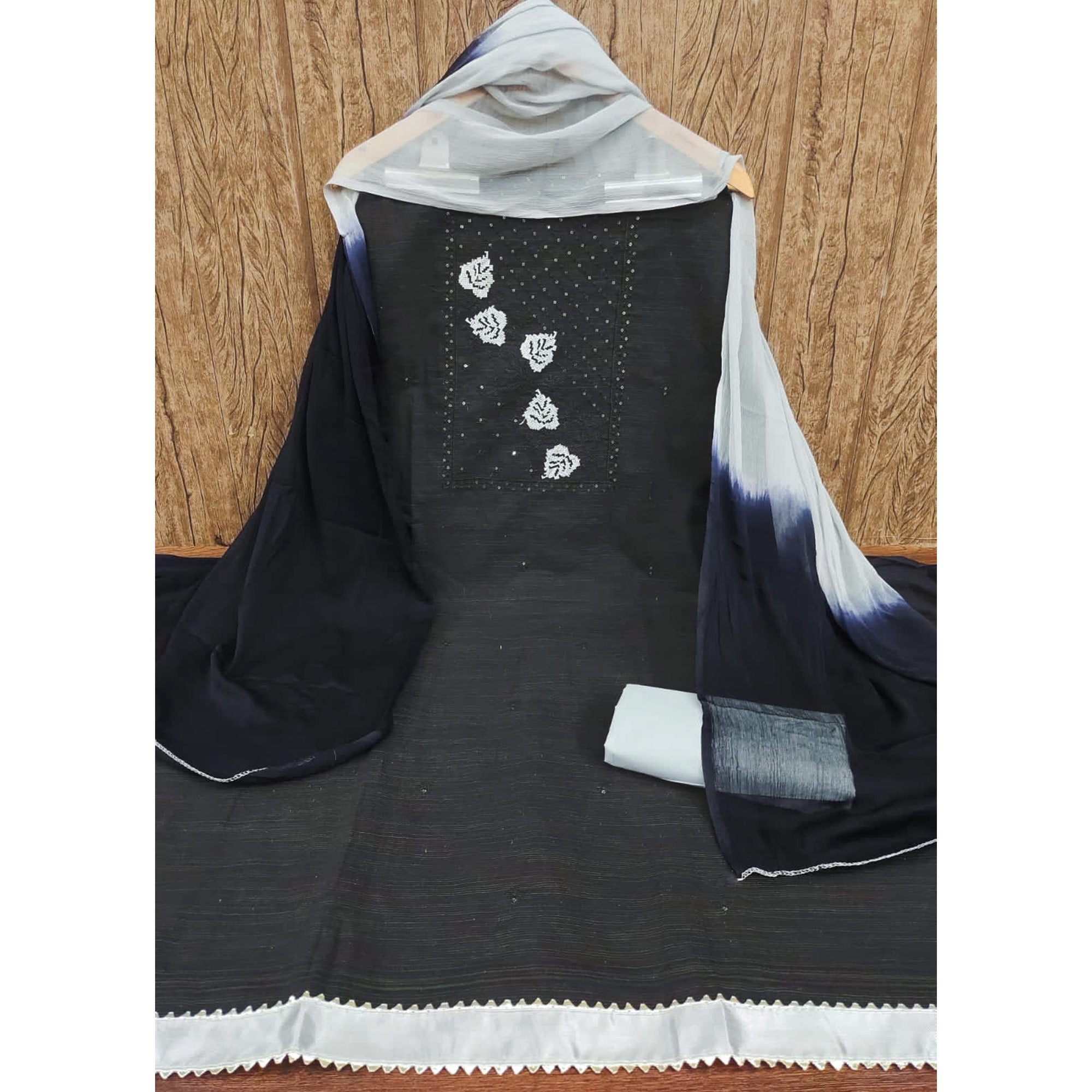 Black Cotton Blend Dress Material Featuring Thread Embroidery & Sequins Embellishment