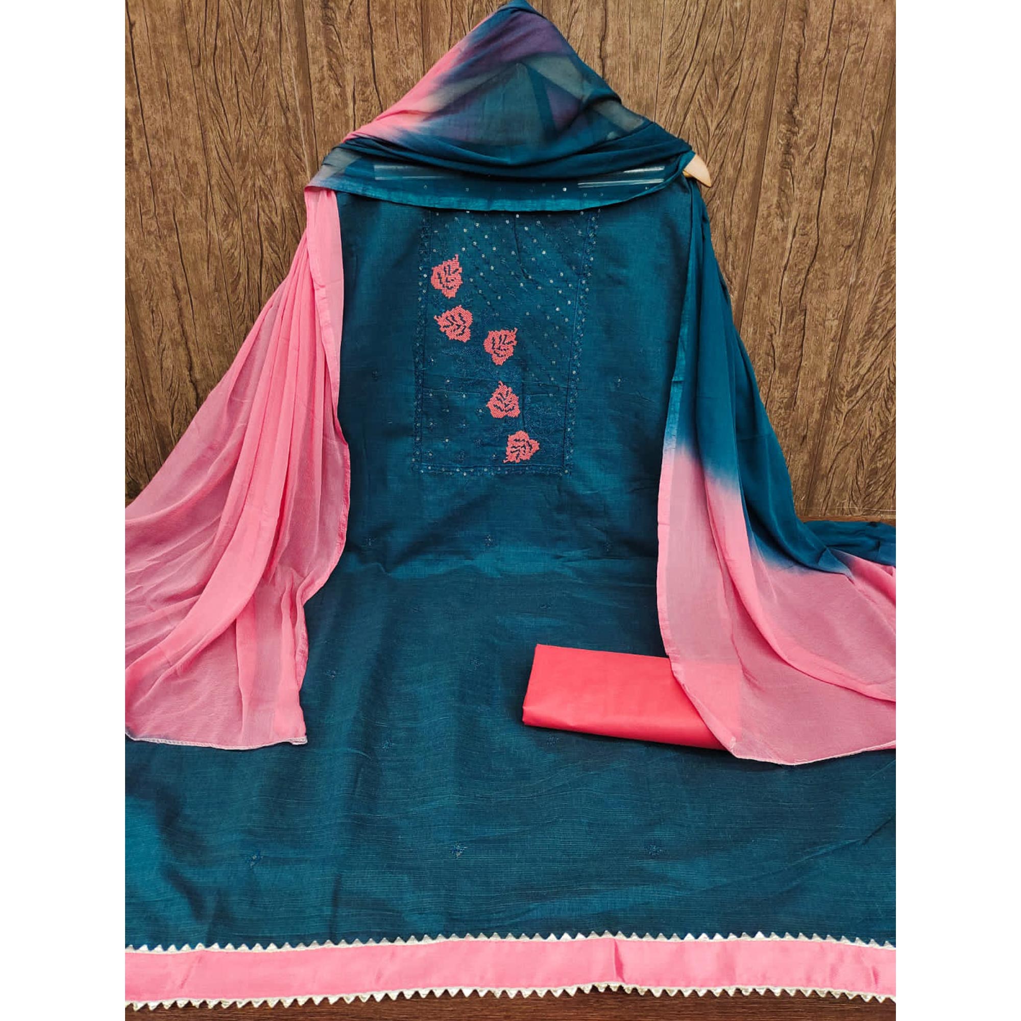 Morpich Blue Cotton Blend Dress Material Featuring Thread Embroidery & Sequins Embellishment