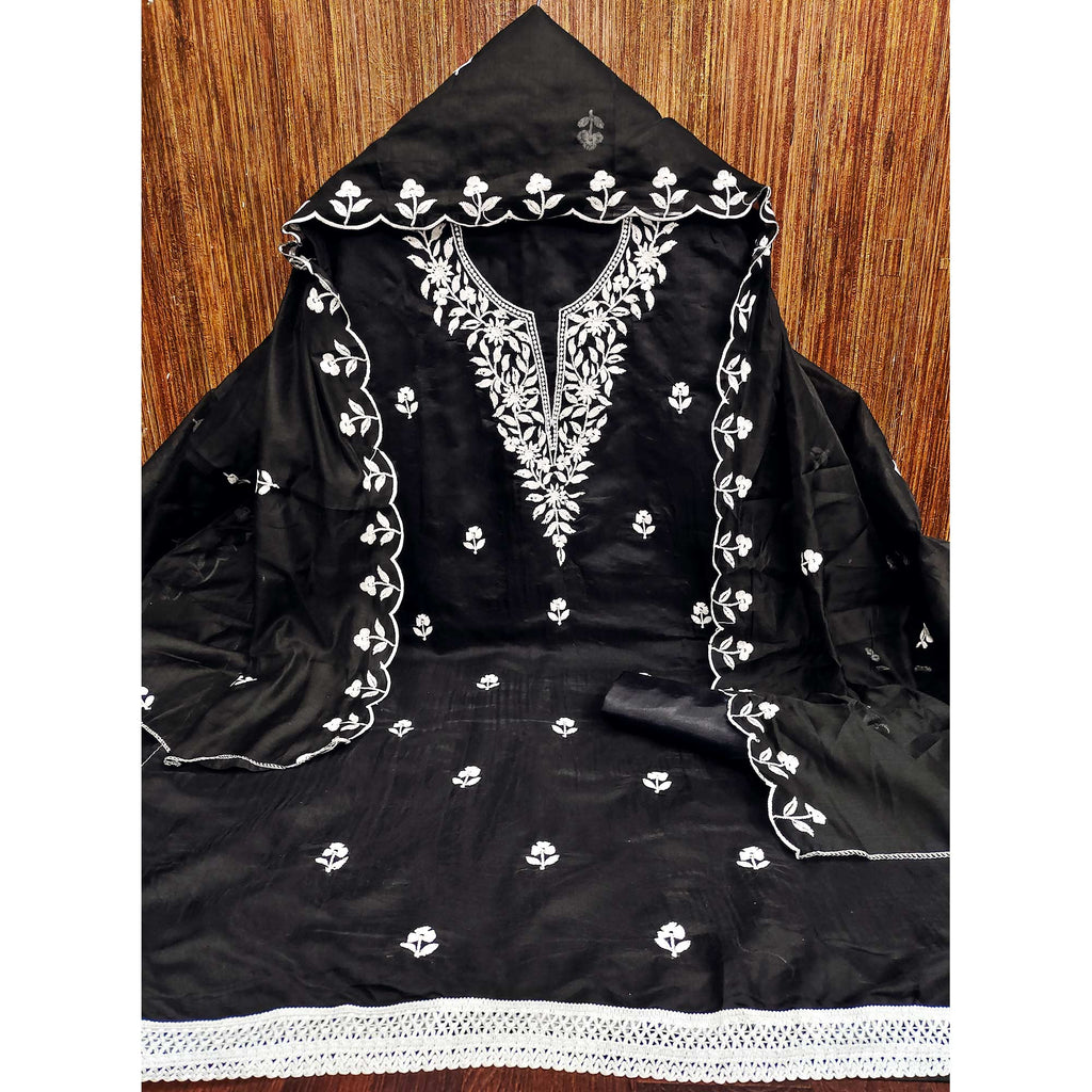 Black Chanderi Cotton Dress Material With Delicate Floral Thread Embroidery