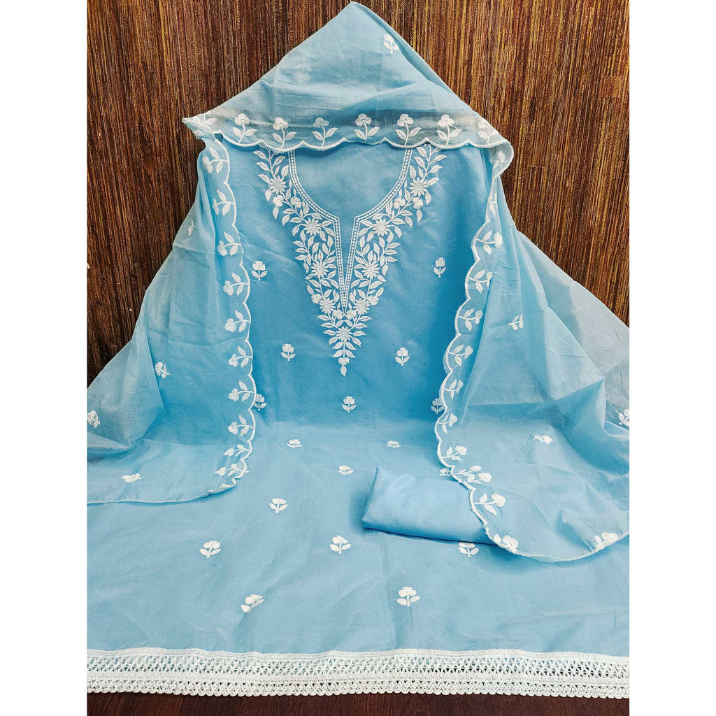 Blue Chanderi Cotton Dress Material With Delicate Floral Thread Embroidery