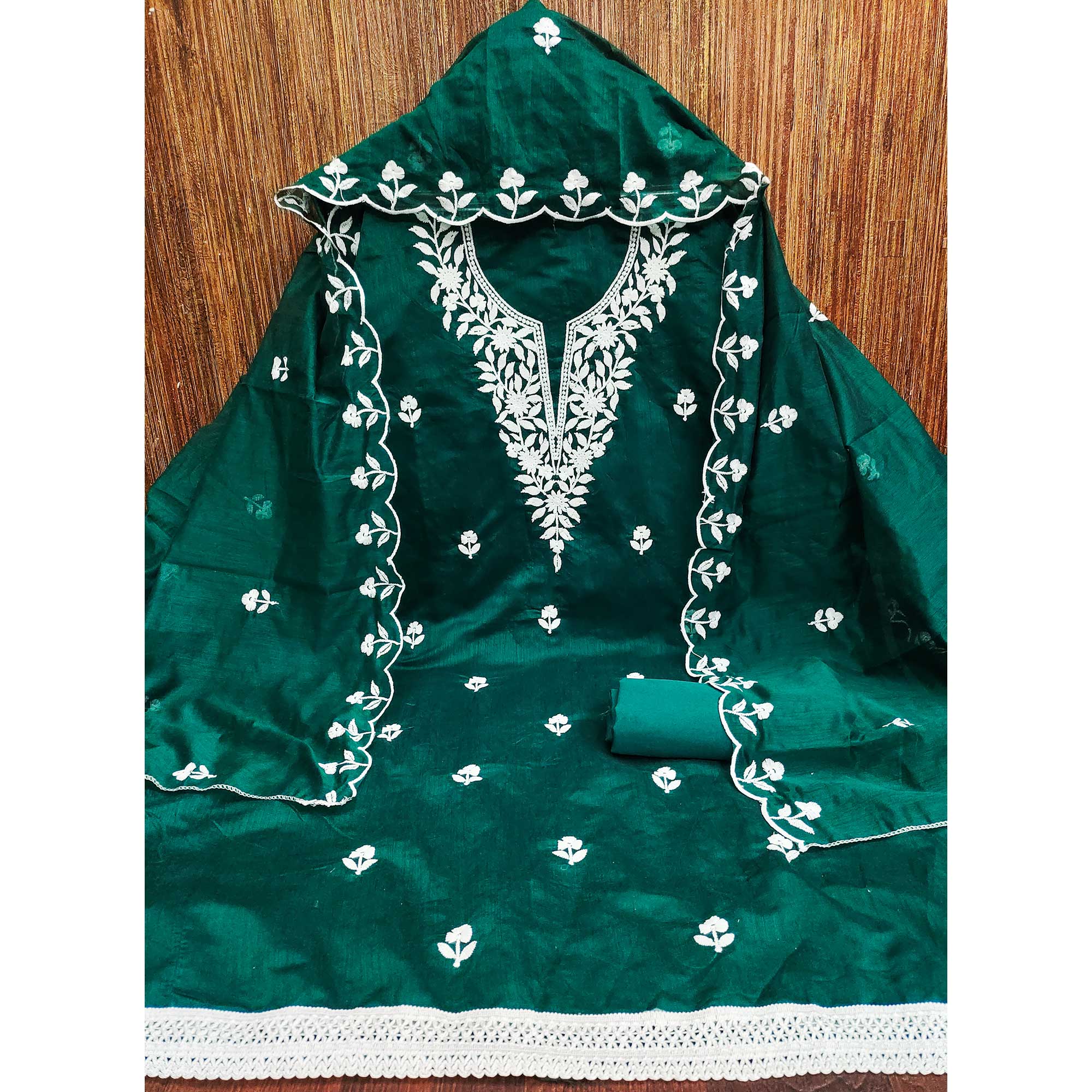 Green Chanderi Cotton Dress Material With Delicate Floral Thread Embroidery