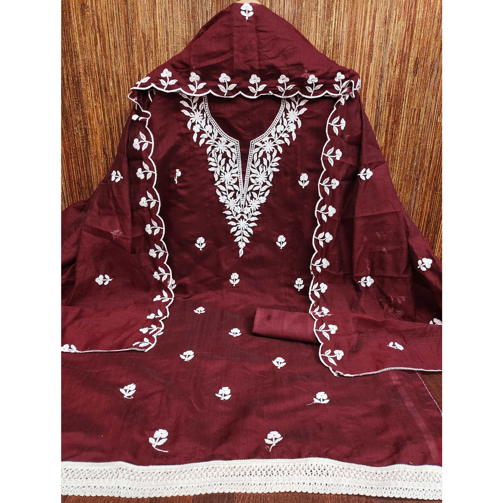 Maroon Chanderi Cotton Dress Material With Delicate Floral Thread Embroidery