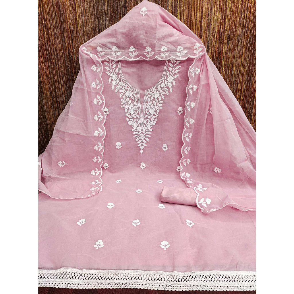 Pink Chanderi Cotton Dress Material With Delicate Floral Thread Embroidery