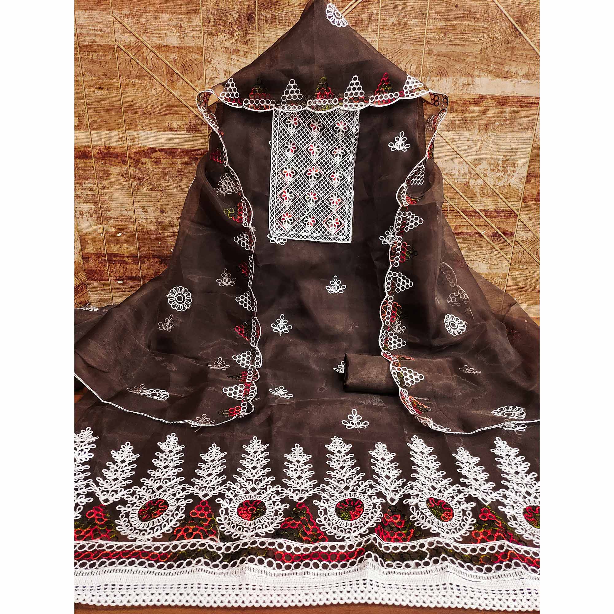 Brown Floral Embroidered Organza Dress Material
