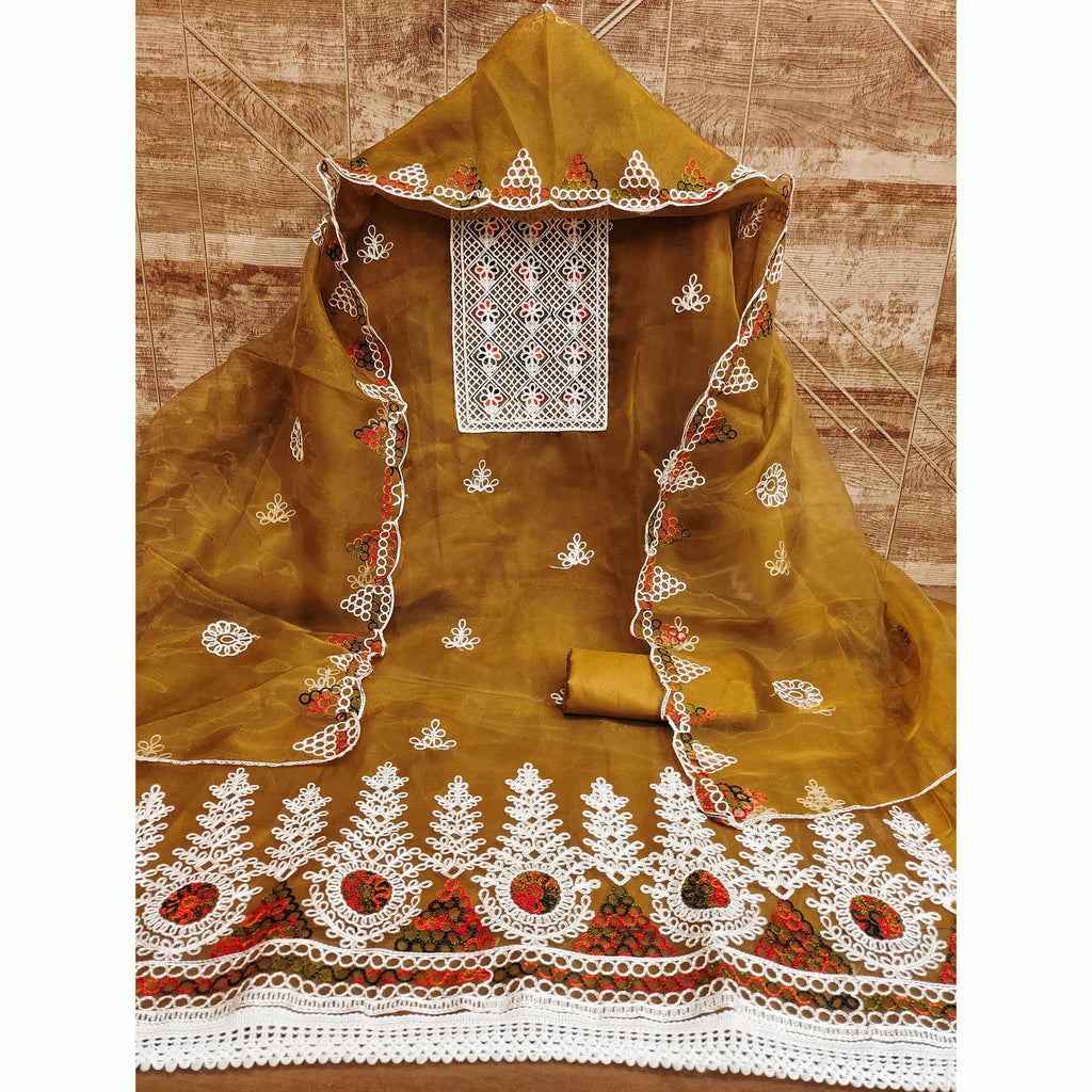 Mustard Floral Embroidered Organza Dress Material