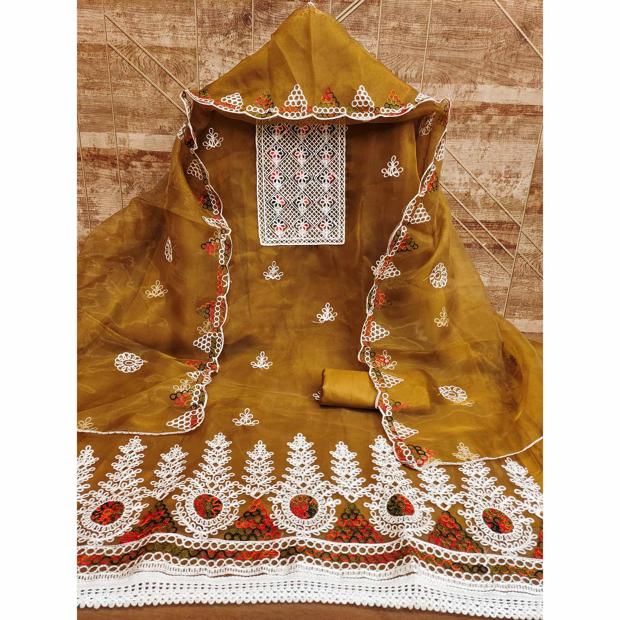 Mustard Floral Embroidered Organza Dress Material