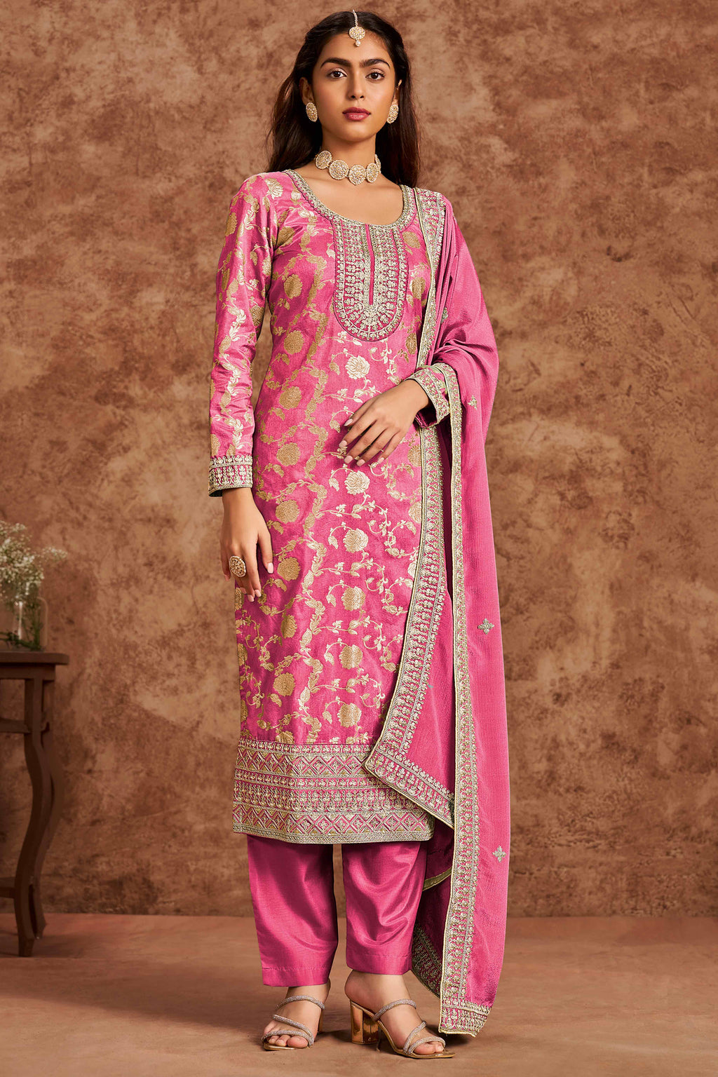 Pink Floral Woven Dola Silk Jacquard Dress Material