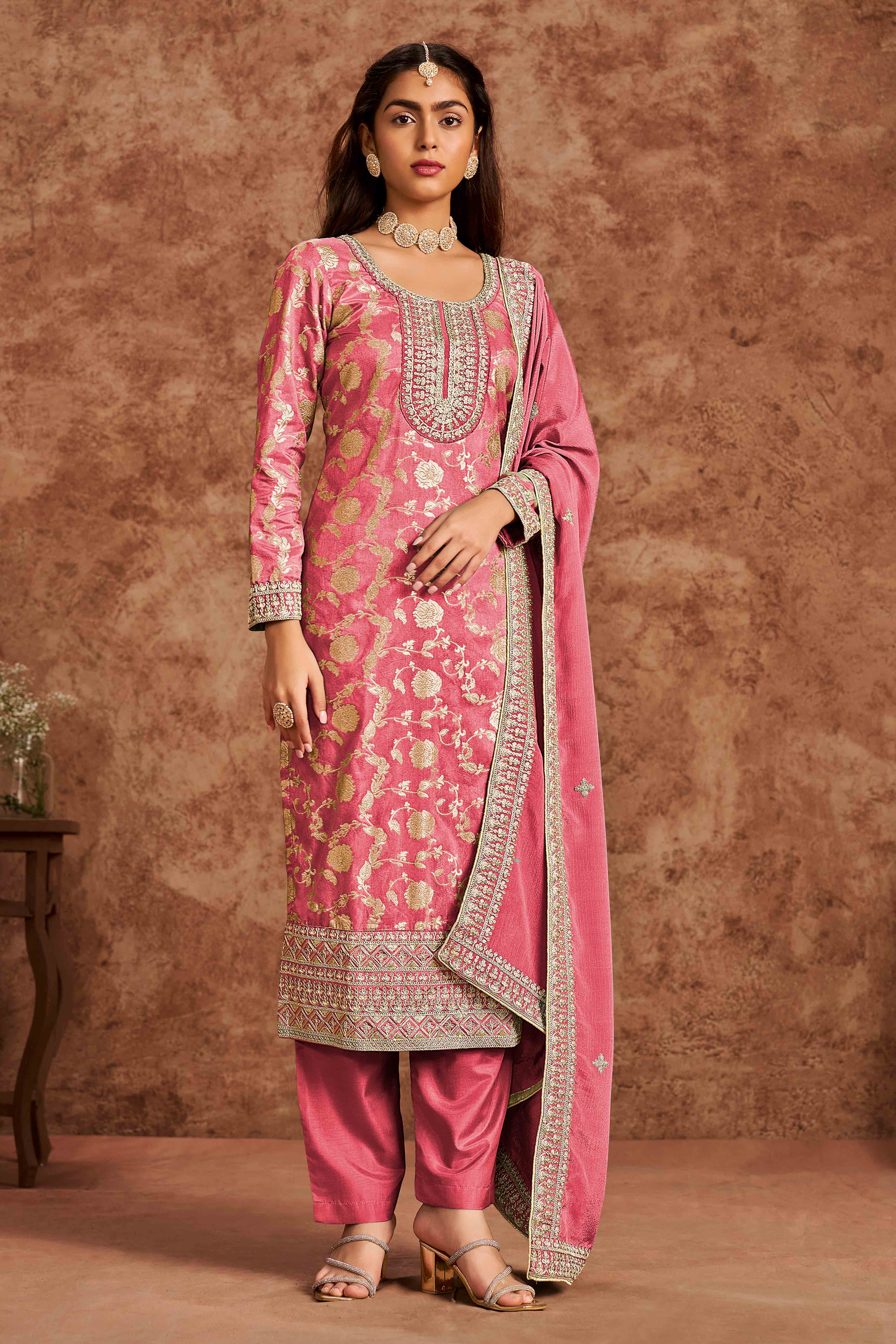 Peach Floral Woven Dola Silk Jacquard Dress Material