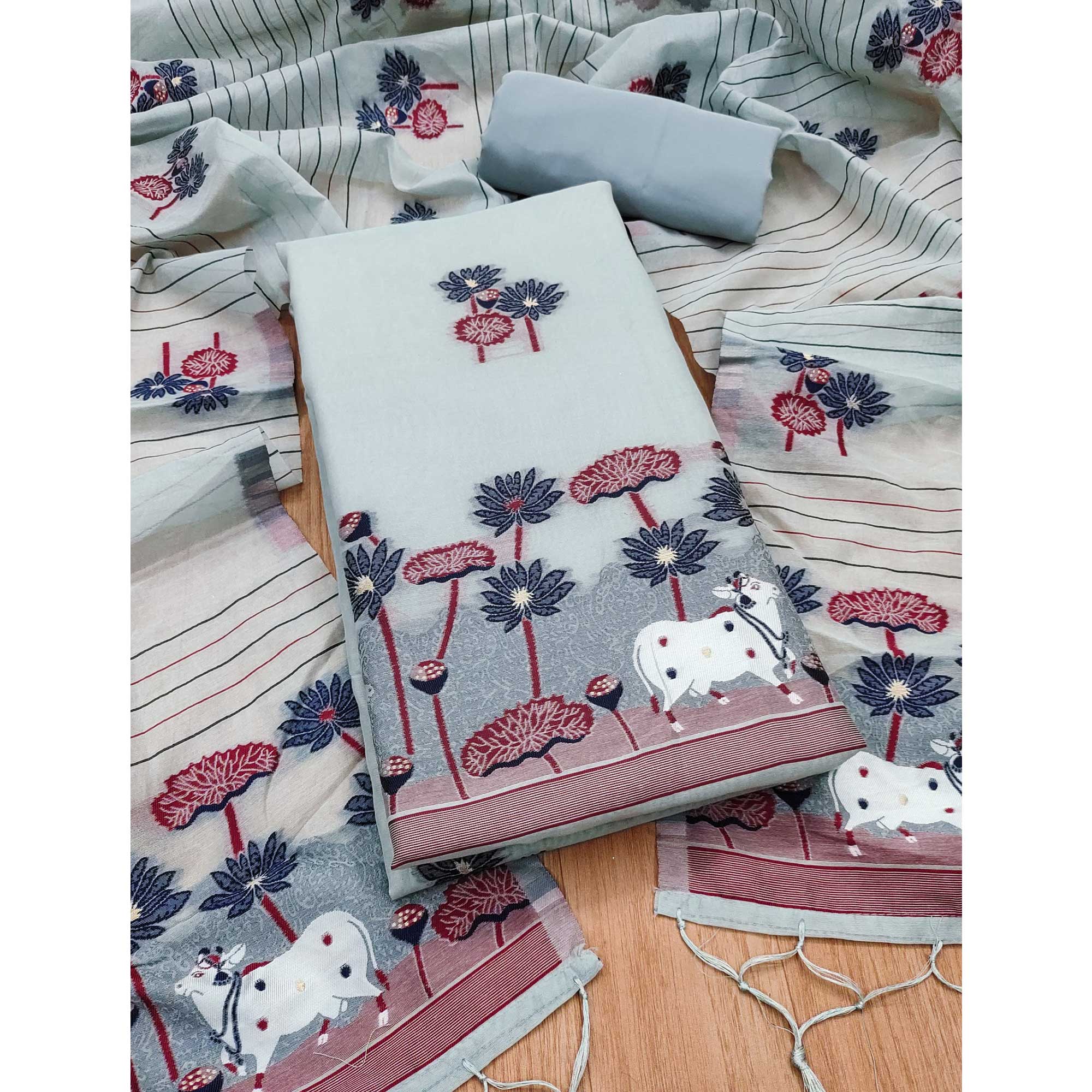 Grey Cotton Blend Dress Material With Intricate Floral Zari Weaving Detail