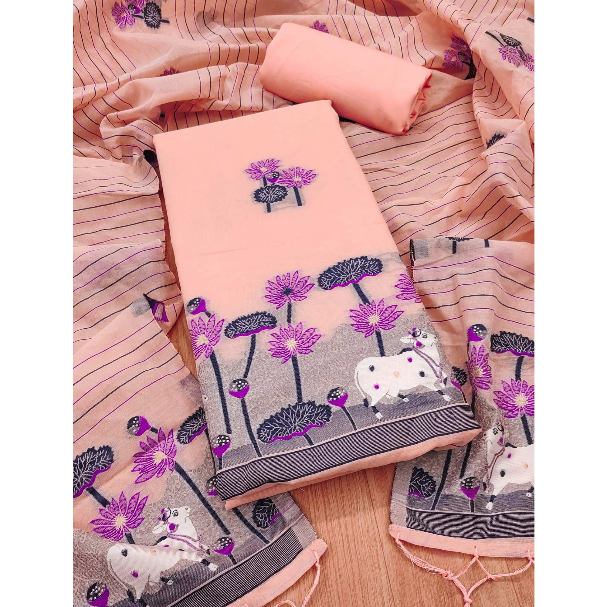 Peach Cotton Blend Dress Material With Intricate Floral Zari Weaving Detail