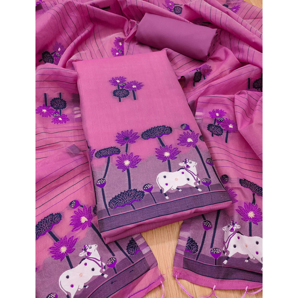 Pink Cotton Blend Dress Material With Intricate Floral Zari Weaving Detail