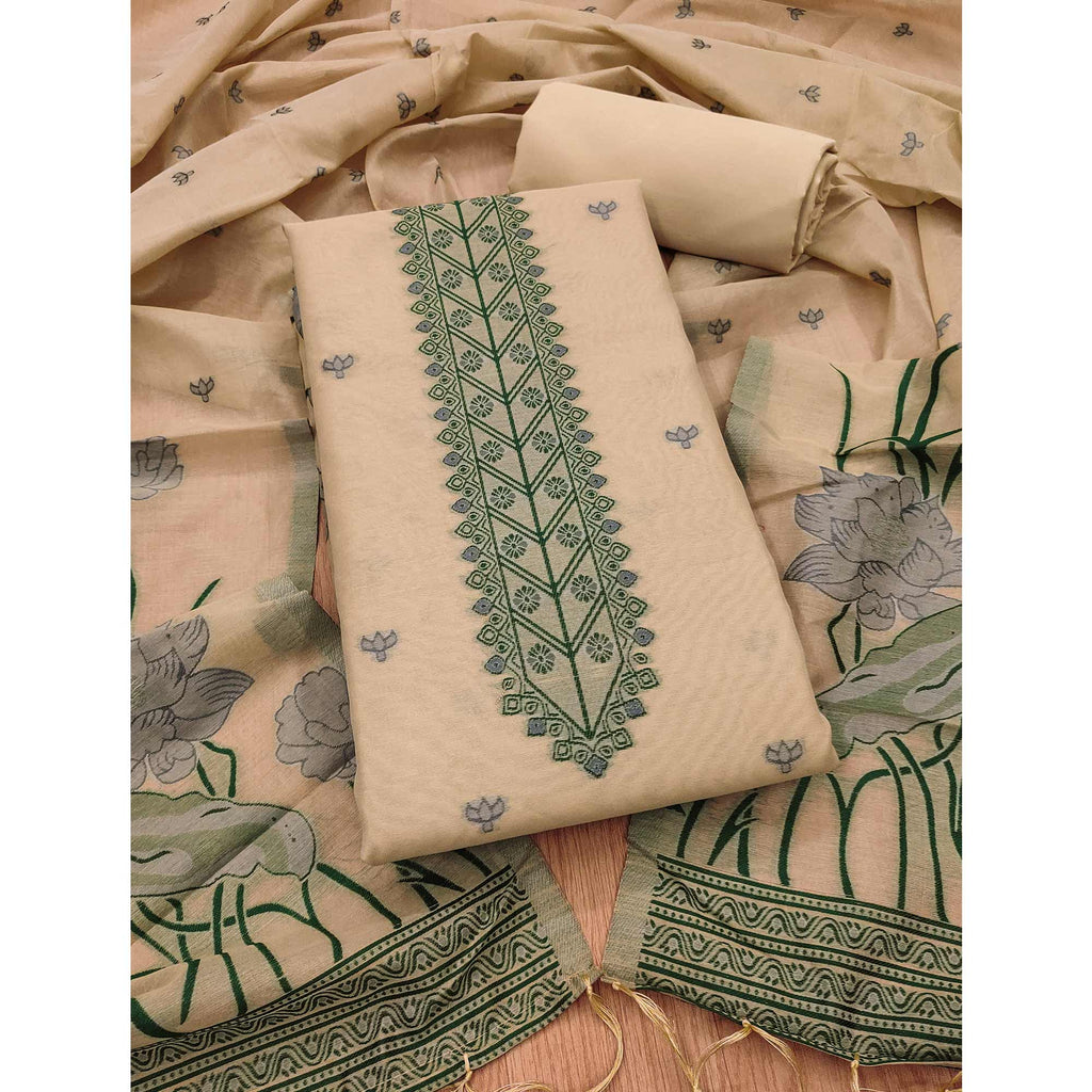 Chikoo Ethnic Dress Material Showcasing Handloom Style Floral Zari Weaving