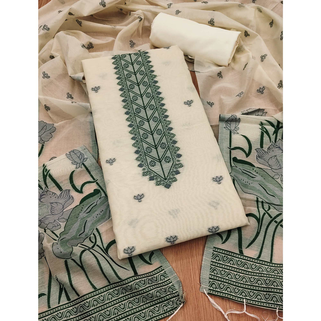 Cream Ethnic Dress Material Showcasing Handloom Style Floral Zari Weaving