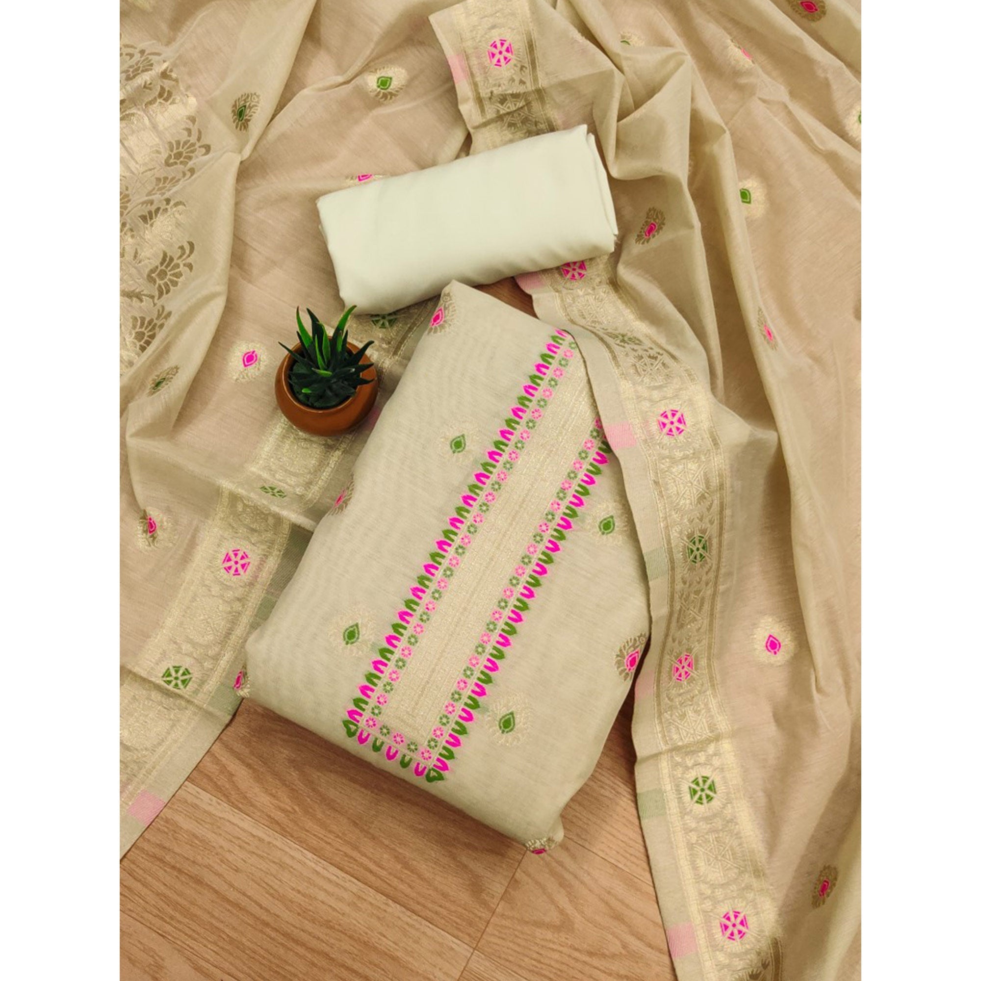 Beige Floral Woven Chanderi Dress Material