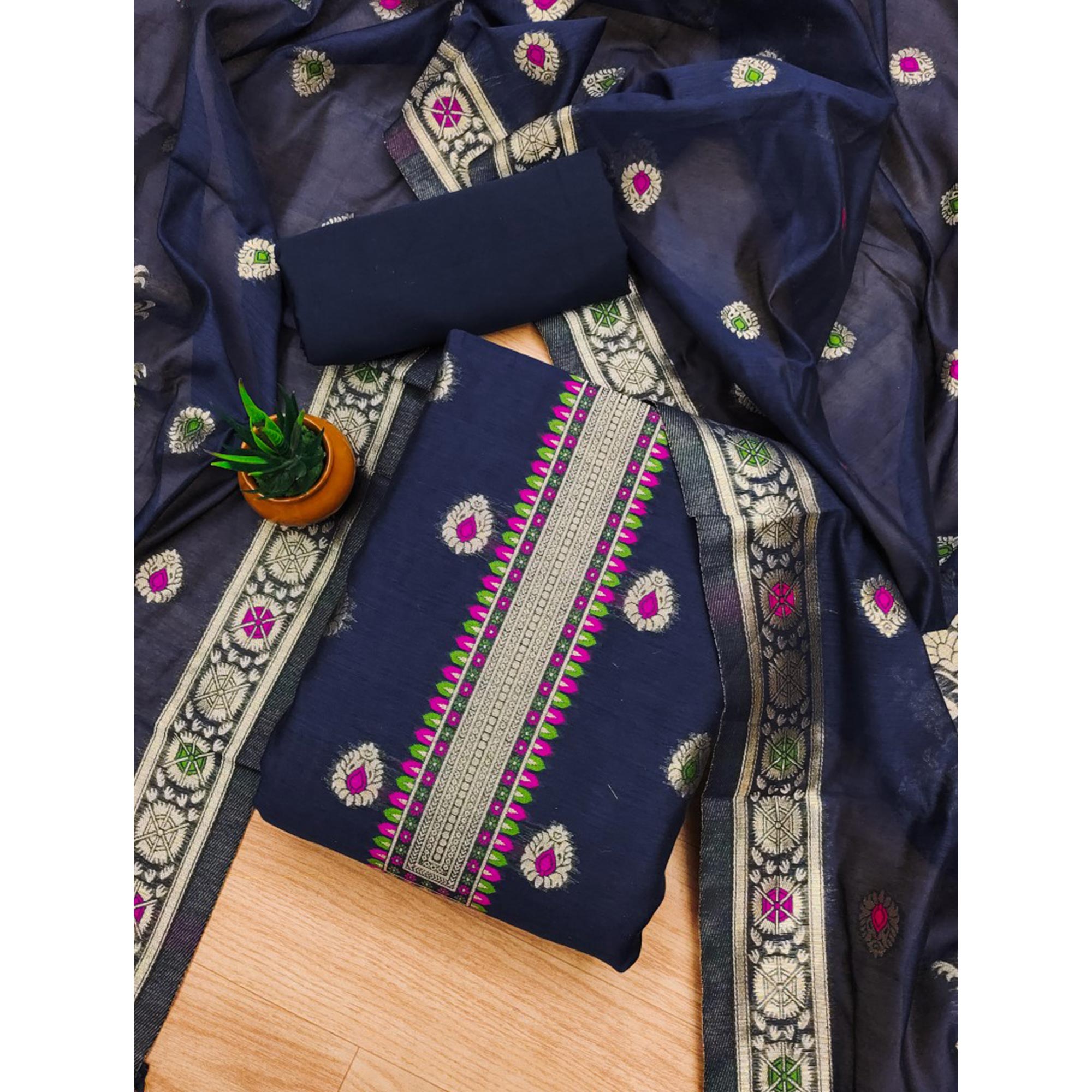 Navy Blue Floral Woven Chanderi Dress Material