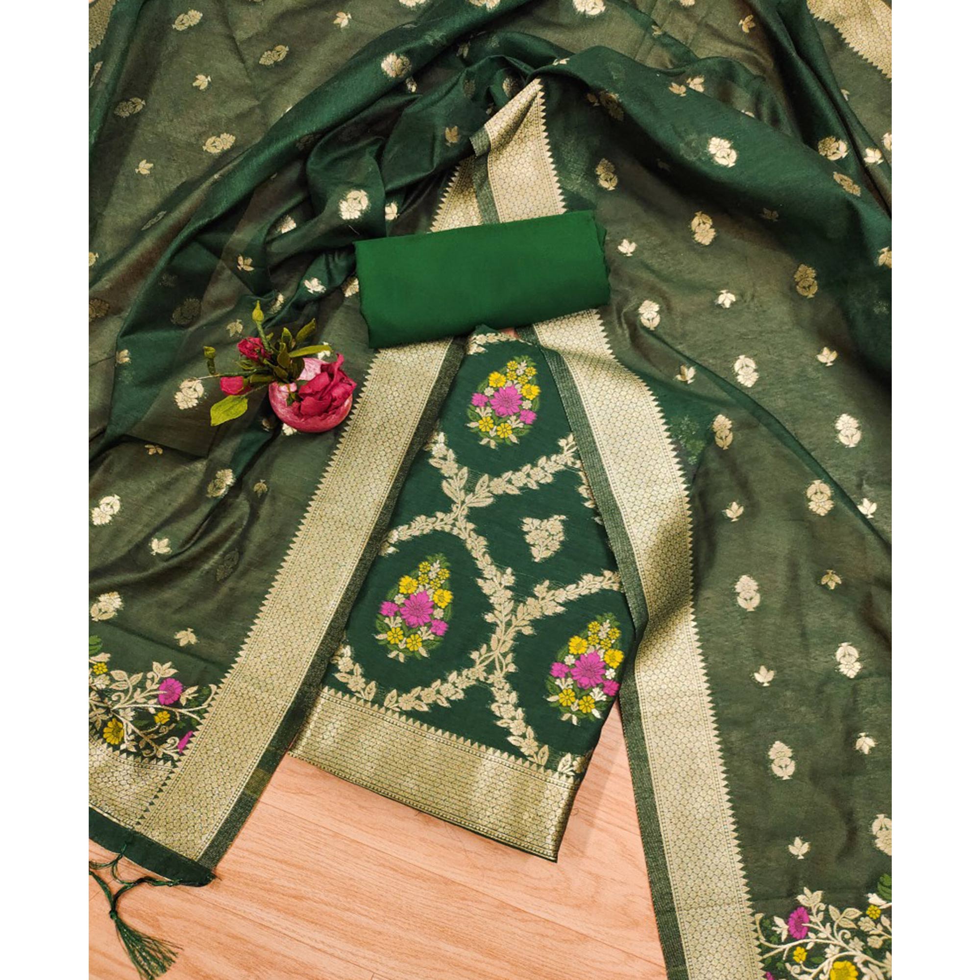 Green Floral Woven Chanderi Dress Material