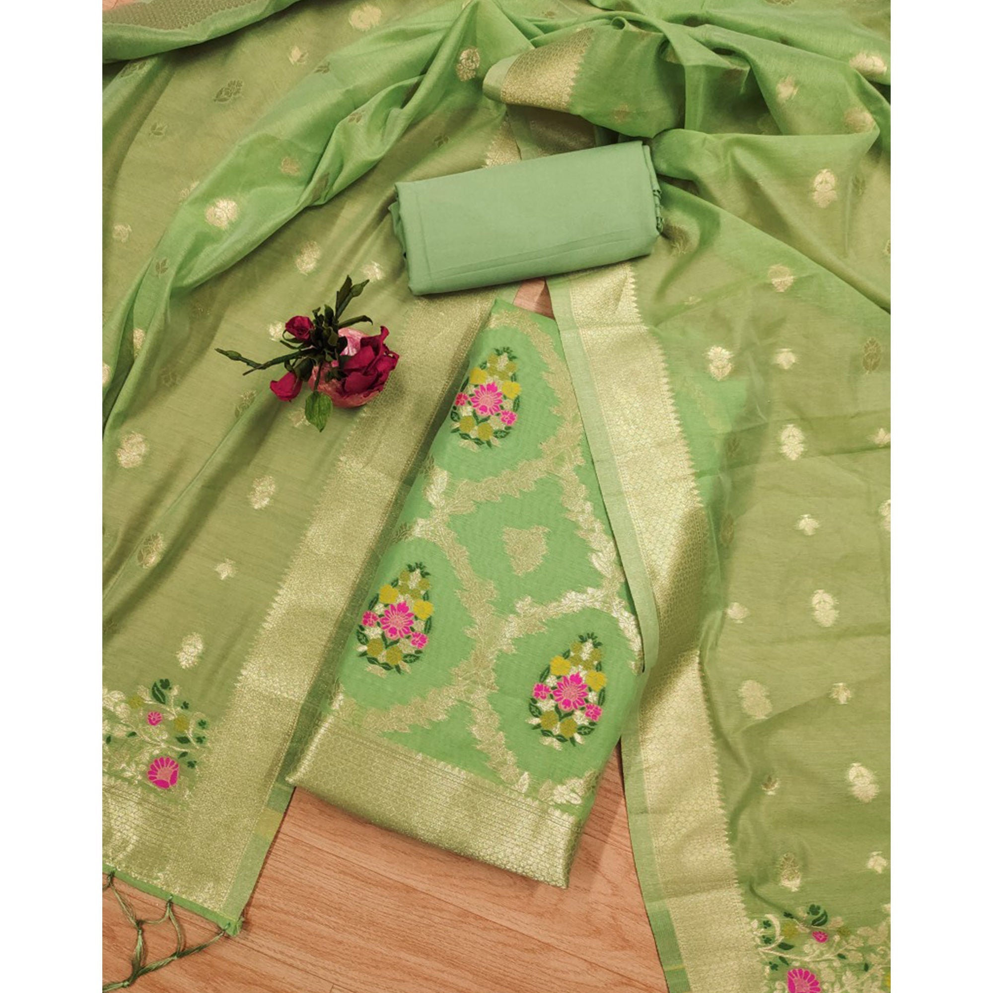Light Green Floral Woven Chanderi Dress Material