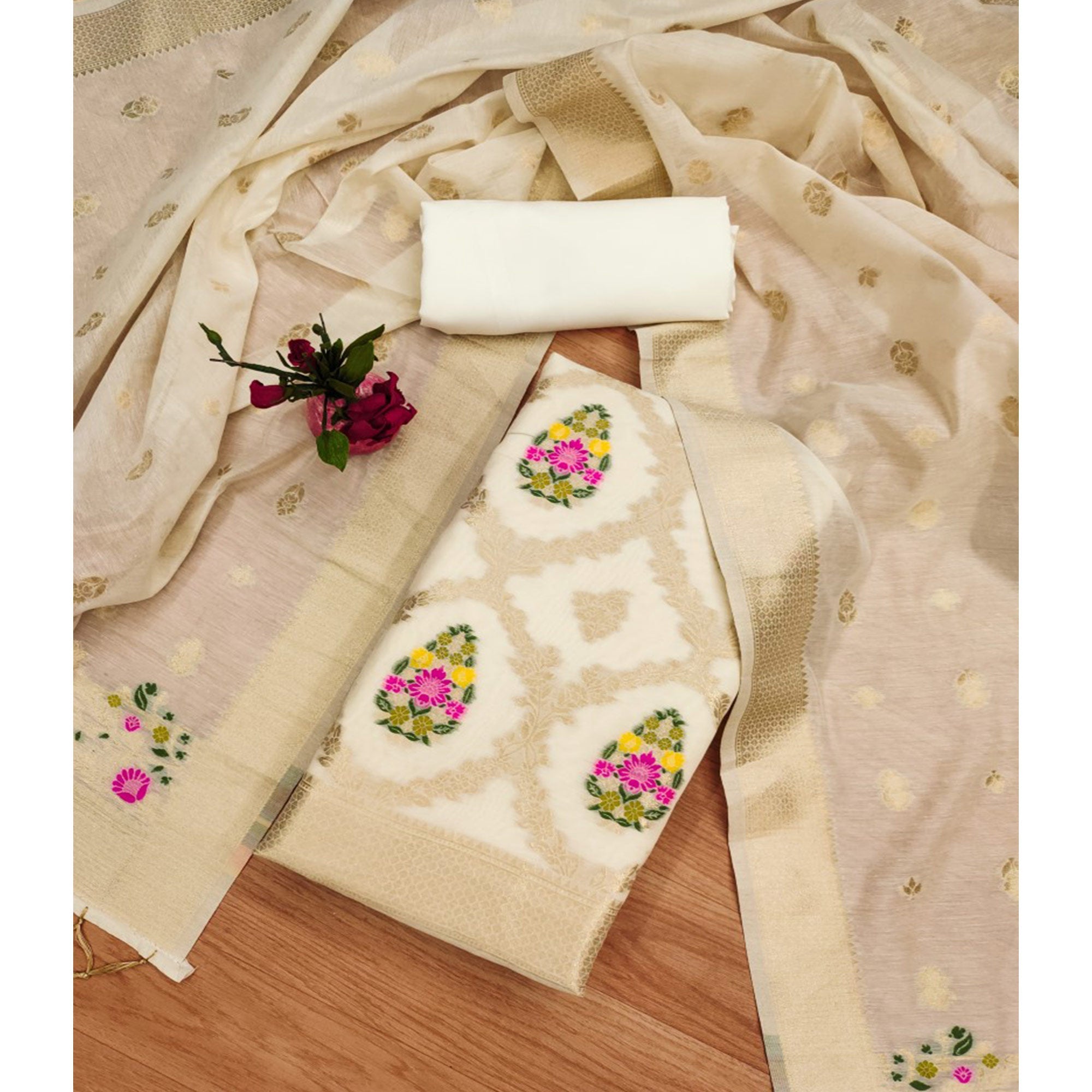 Off White Floral Woven Chanderi Dress Material