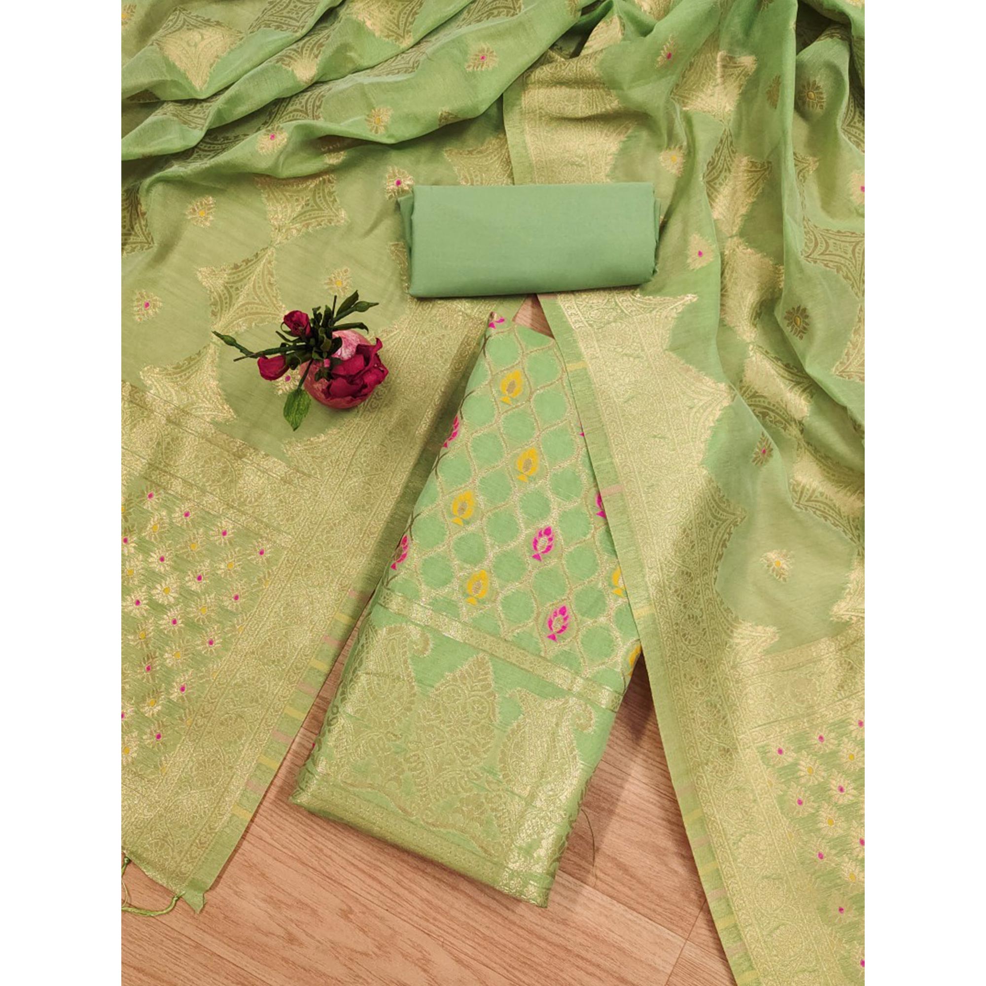 Green Woven Chanderi Dress Material
