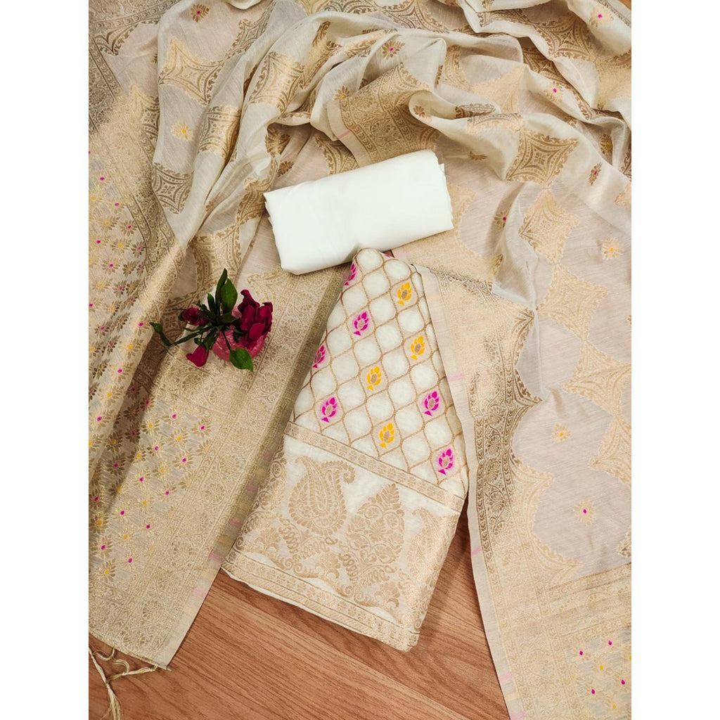 Off White Woven Chanderi Dress Material