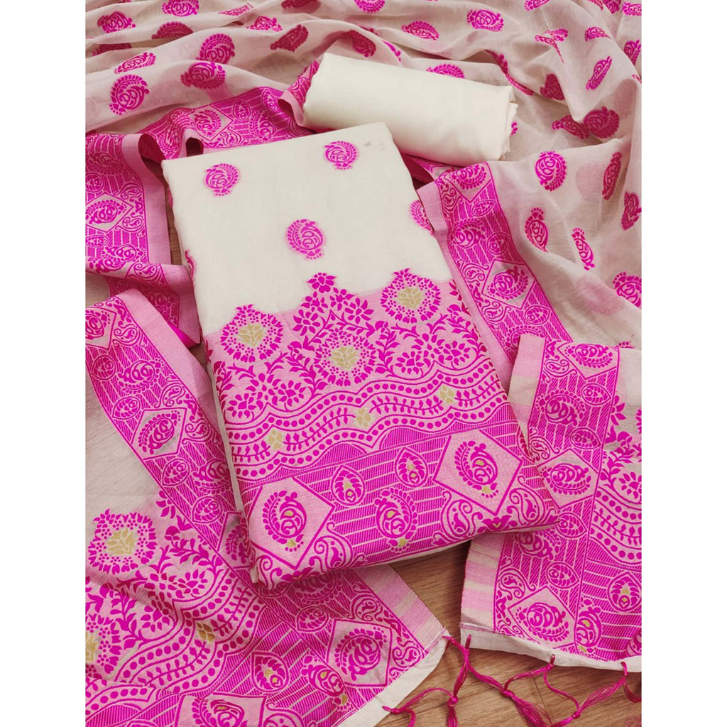 Offwhite & Pink Floral Woven Chanderi Dress Material