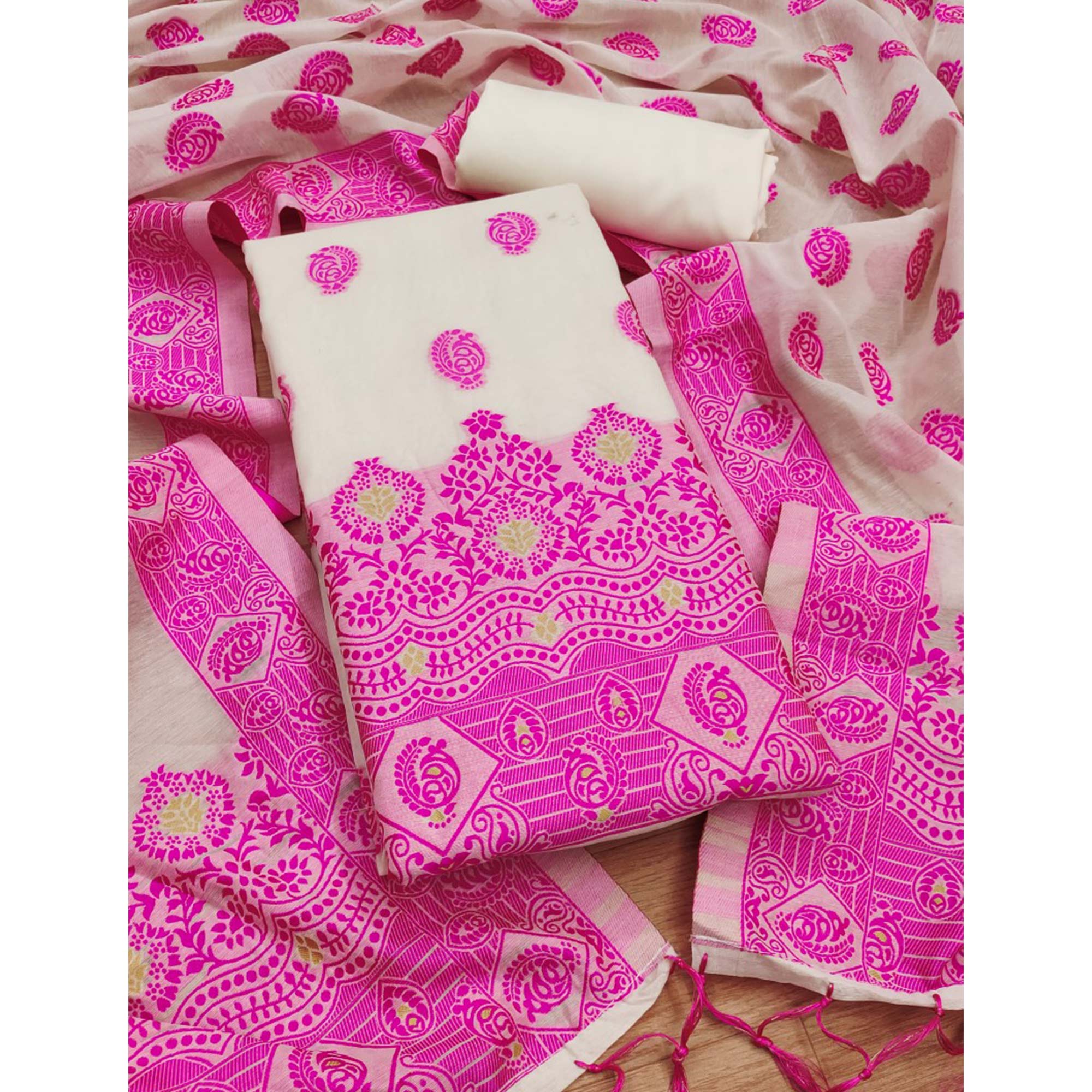 Offwhite & Pink Floral Woven Chanderi Dress Material