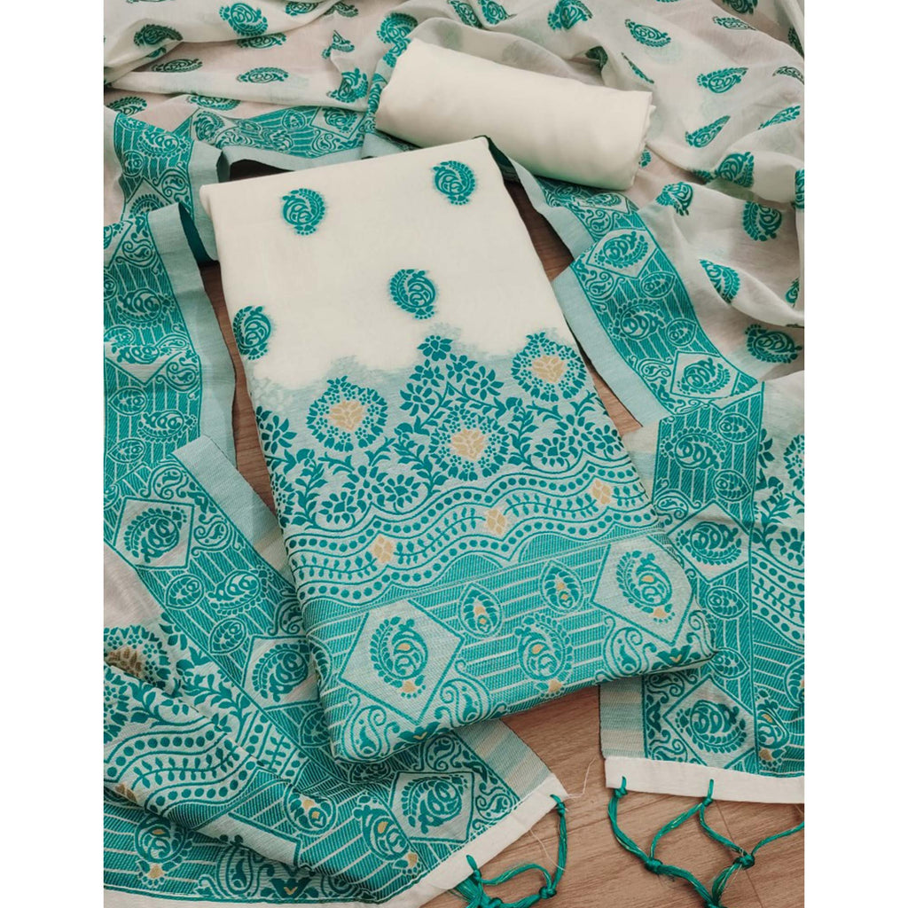 Offwhite & Teal Floral Woven Chanderi Dress Material